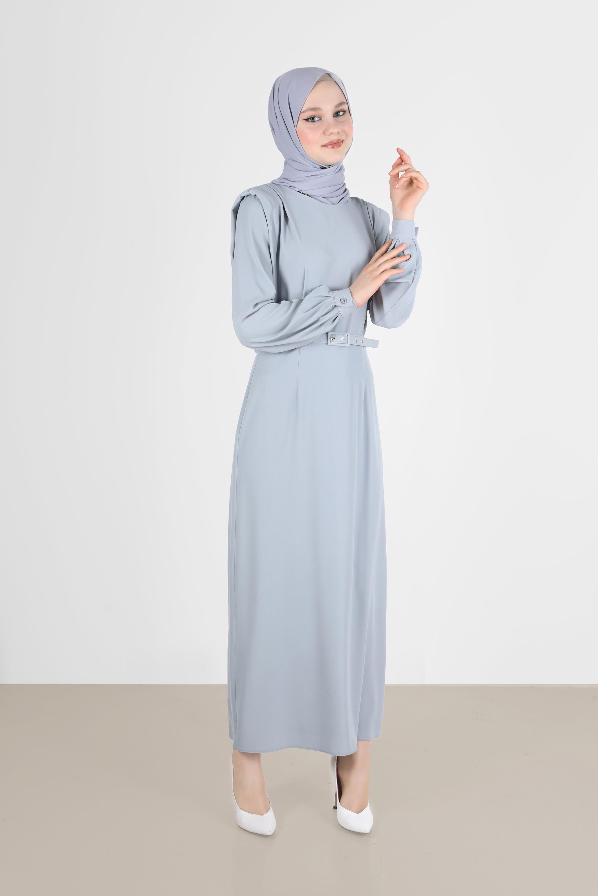 Tesettür giyim GRİ VATKA GÖRÜNÜMLÜ KEMERLİ ELBİSE 42530 