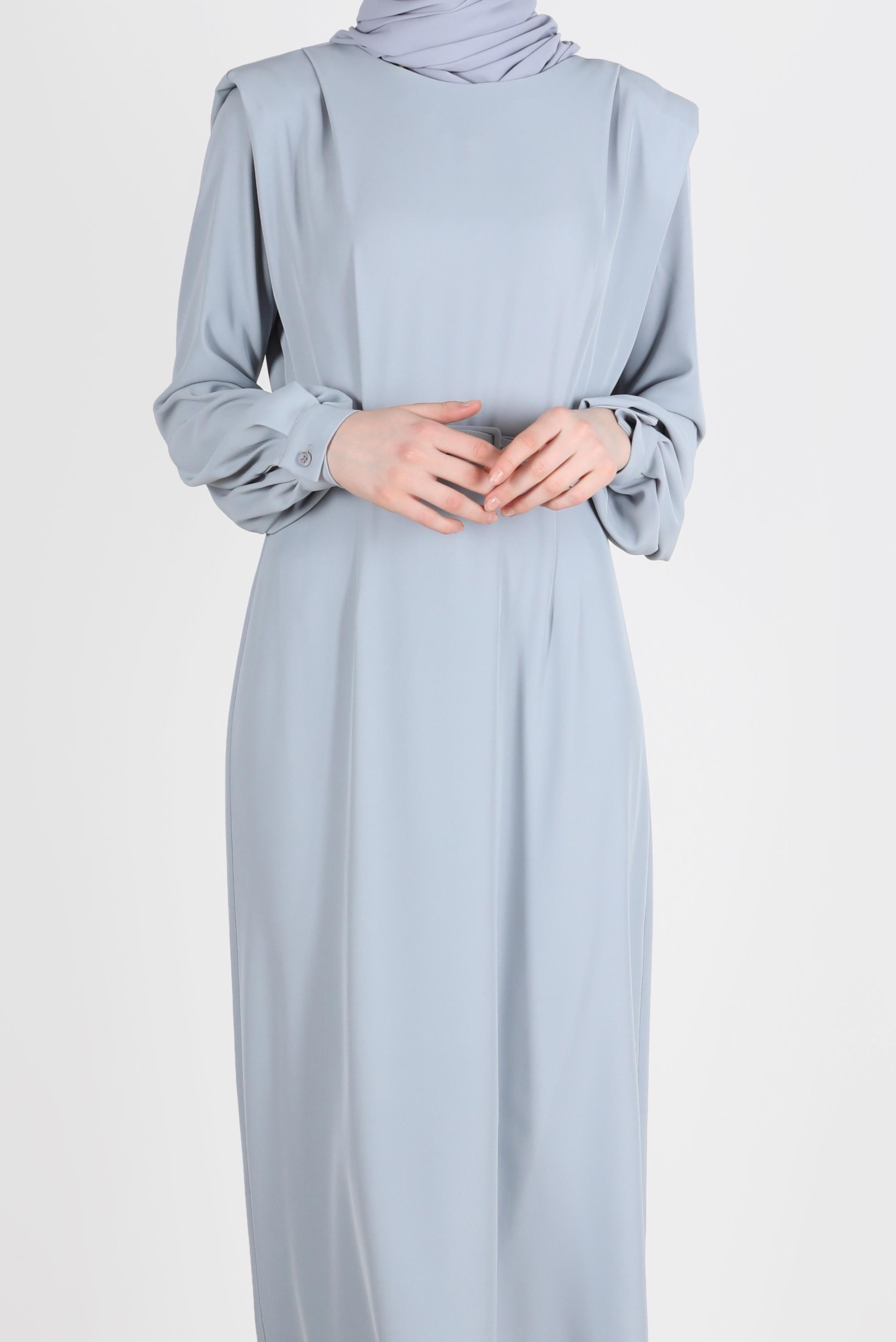 Tesettür giyim GRİ VATKA GÖRÜNÜMLÜ KEMERLİ ELBİSE 42530 