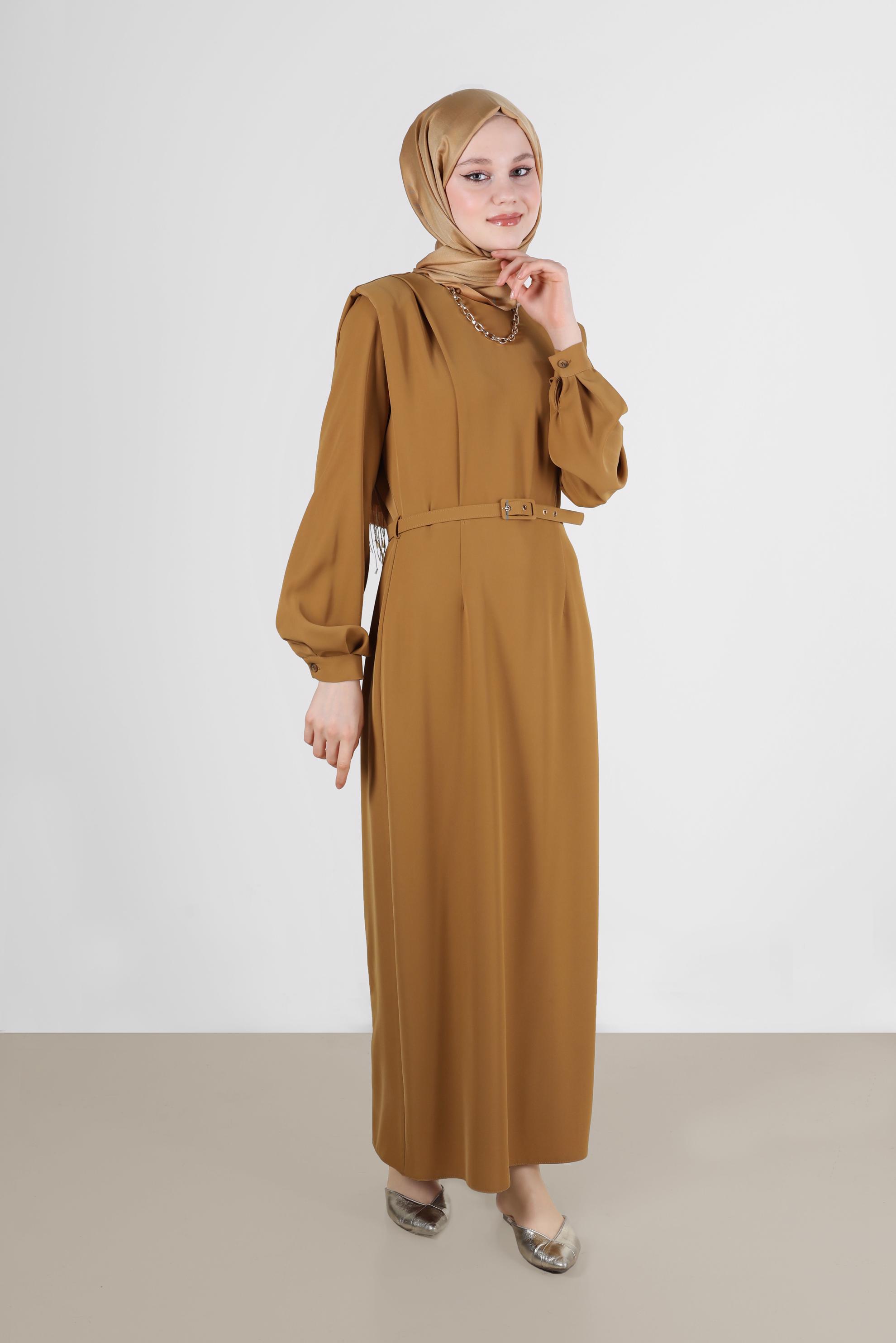 Tesettür giyim SARI VATKA GÖRÜNÜMLÜ KEMERLİ ELBİSE 42530 