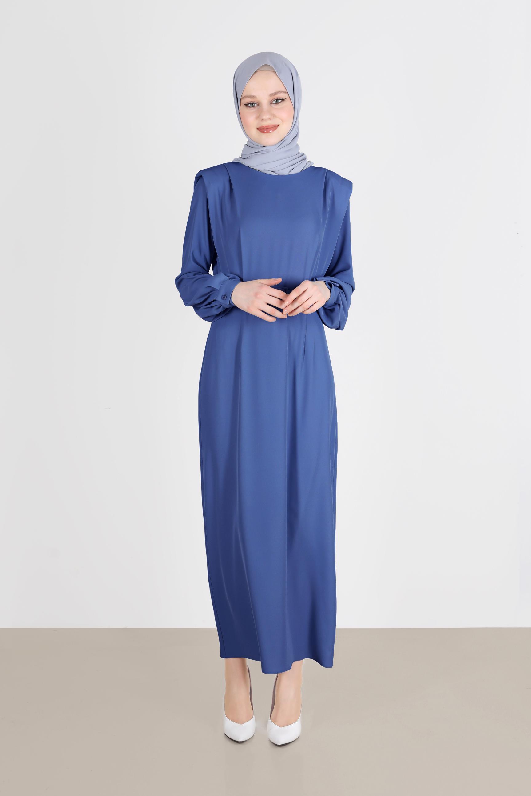 Tesettür giyim LACİVERT VATKA GÖRÜNÜMLÜ KEMERLİ ELBİSE 42530 