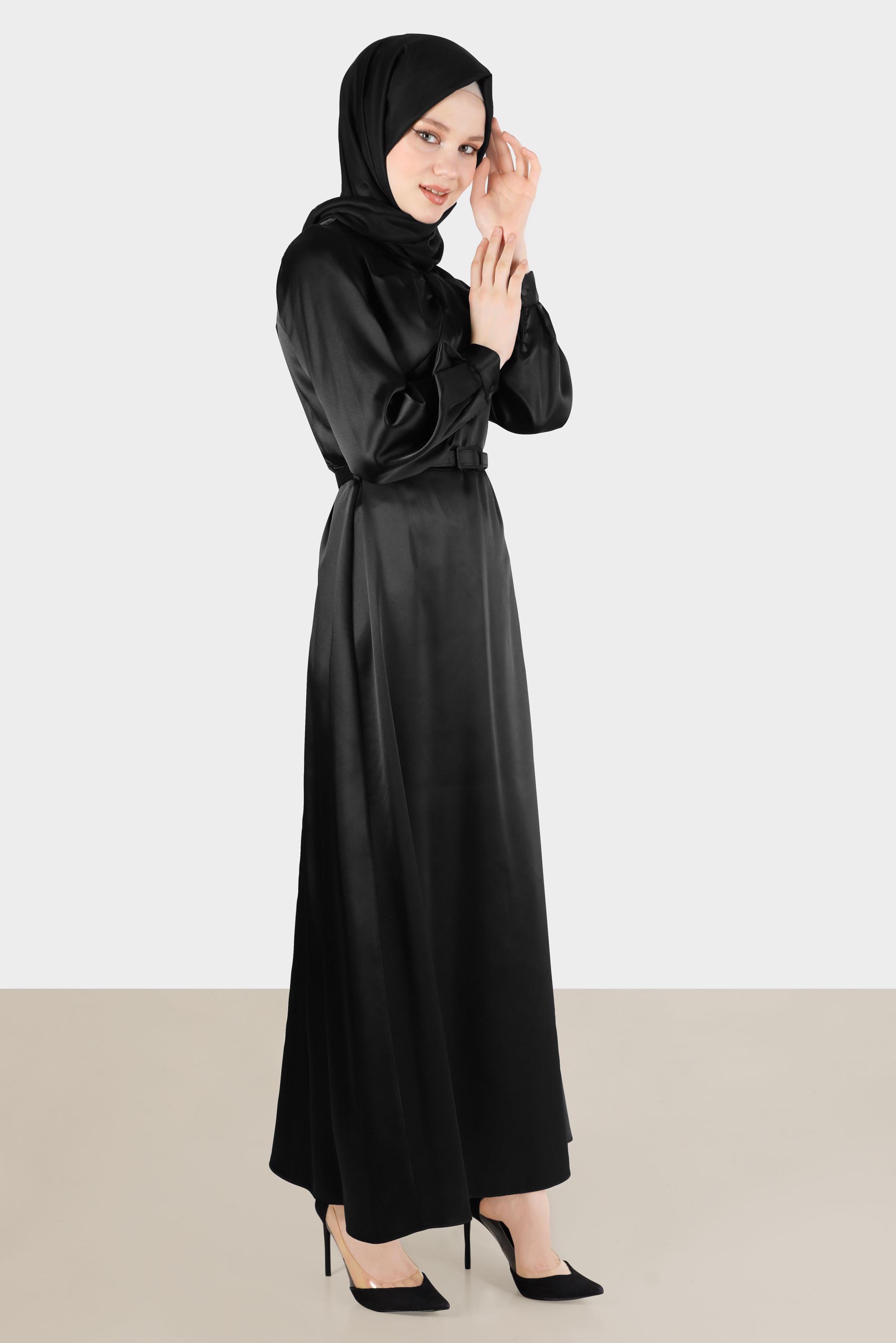 Tesettür giyim SİYAH FİYONK DETAYLI KEMERLİ ELBİSE 42532 