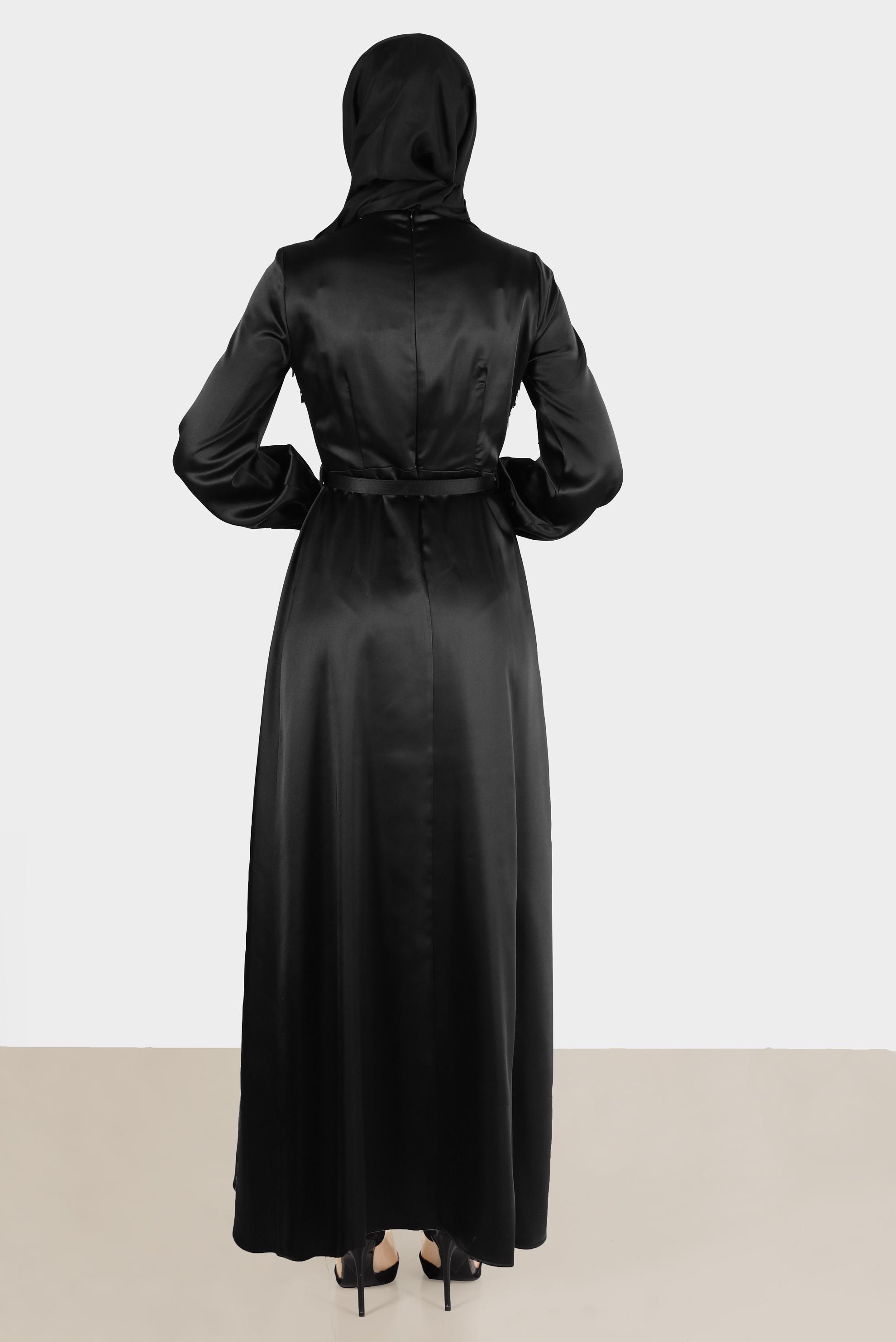 Tesettür giyim SİYAH FİYONK DETAYLI KEMERLİ ELBİSE 42532 