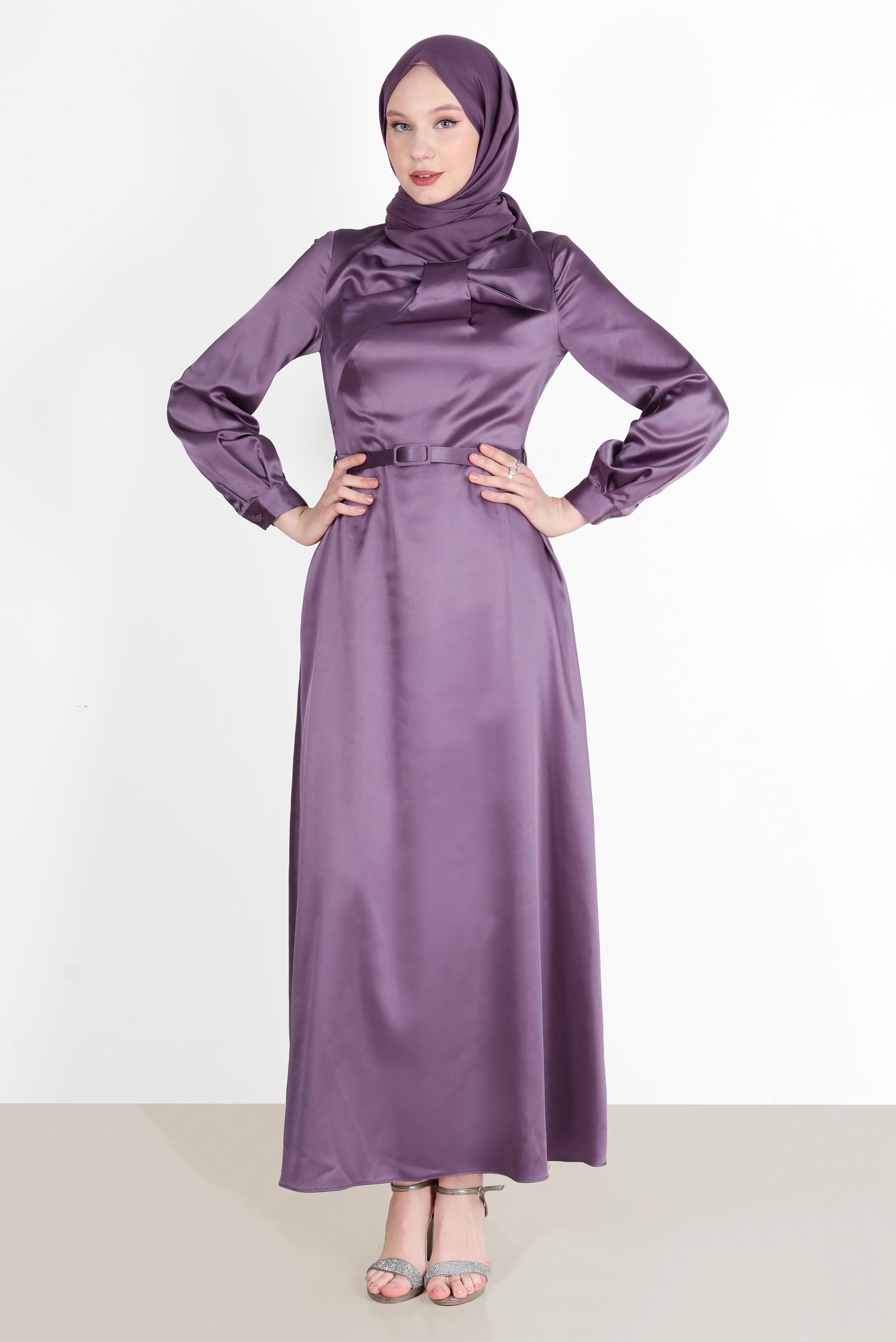 Tesettür giyim MOR FİYONK DETAYLI KEMERLİ ELBİSE 42532 