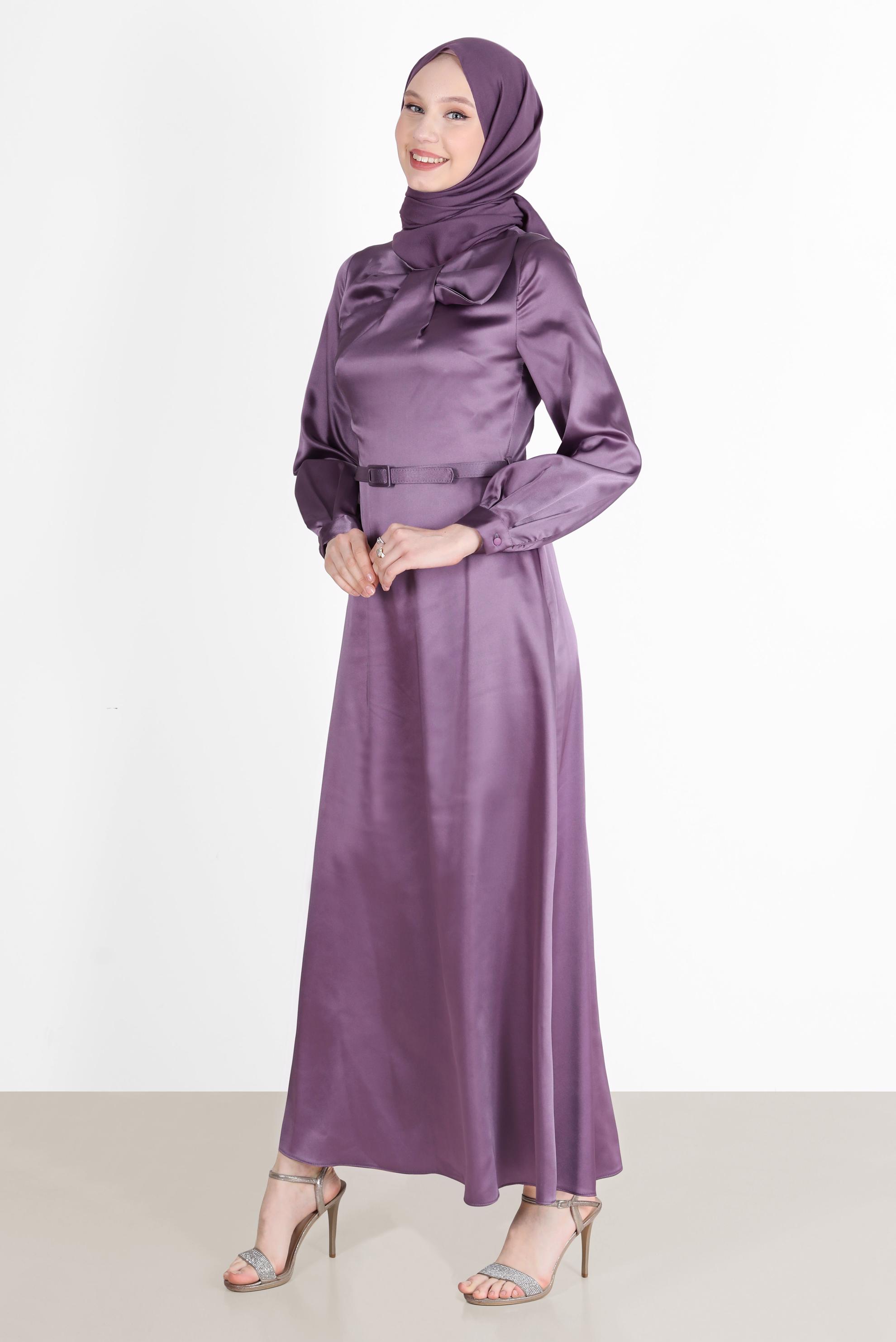 Tesettür giyim MOR FİYONK DETAYLI KEMERLİ ELBİSE 42532 