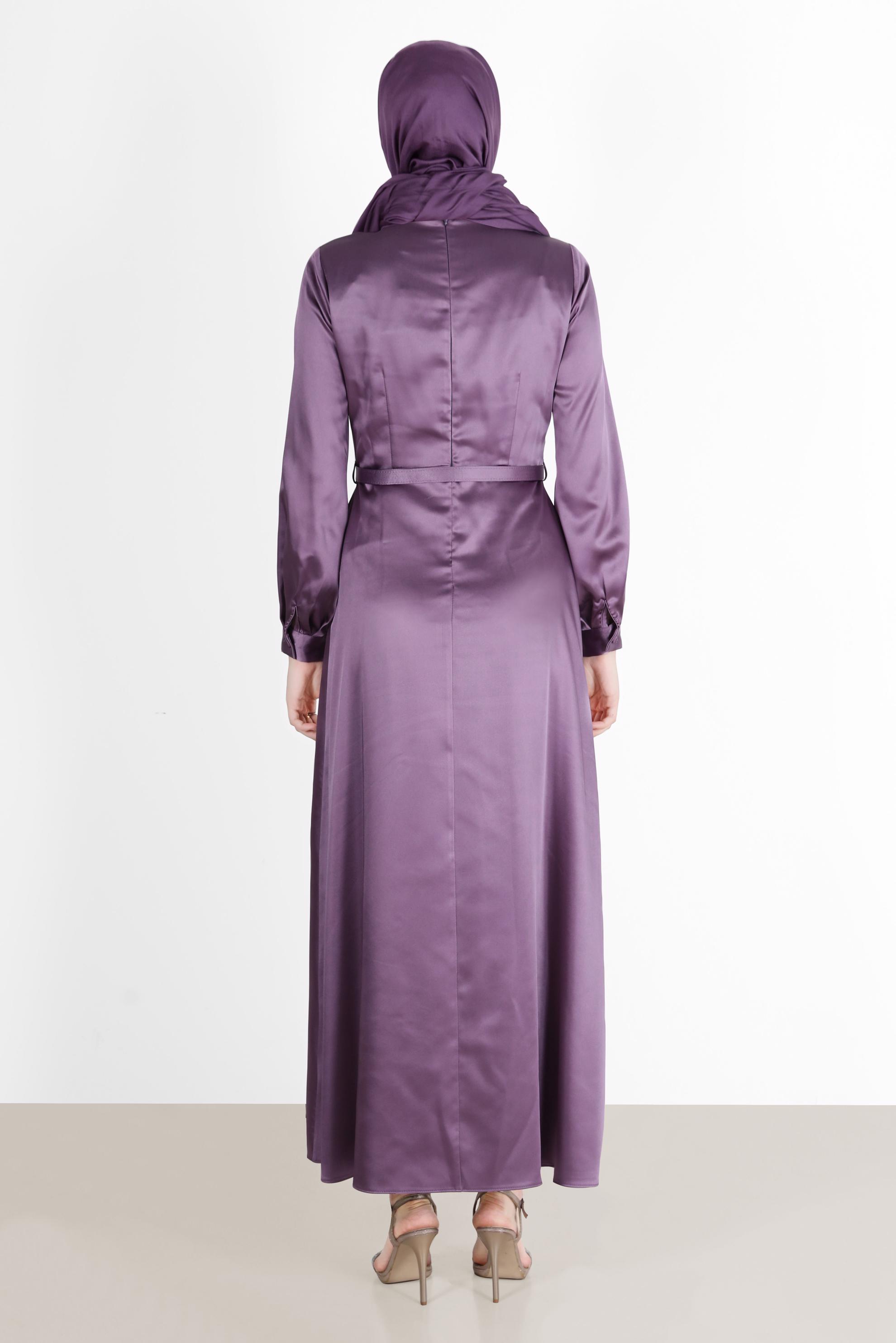 Tesettür giyim MOR FİYONK DETAYLI KEMERLİ ELBİSE 42532 