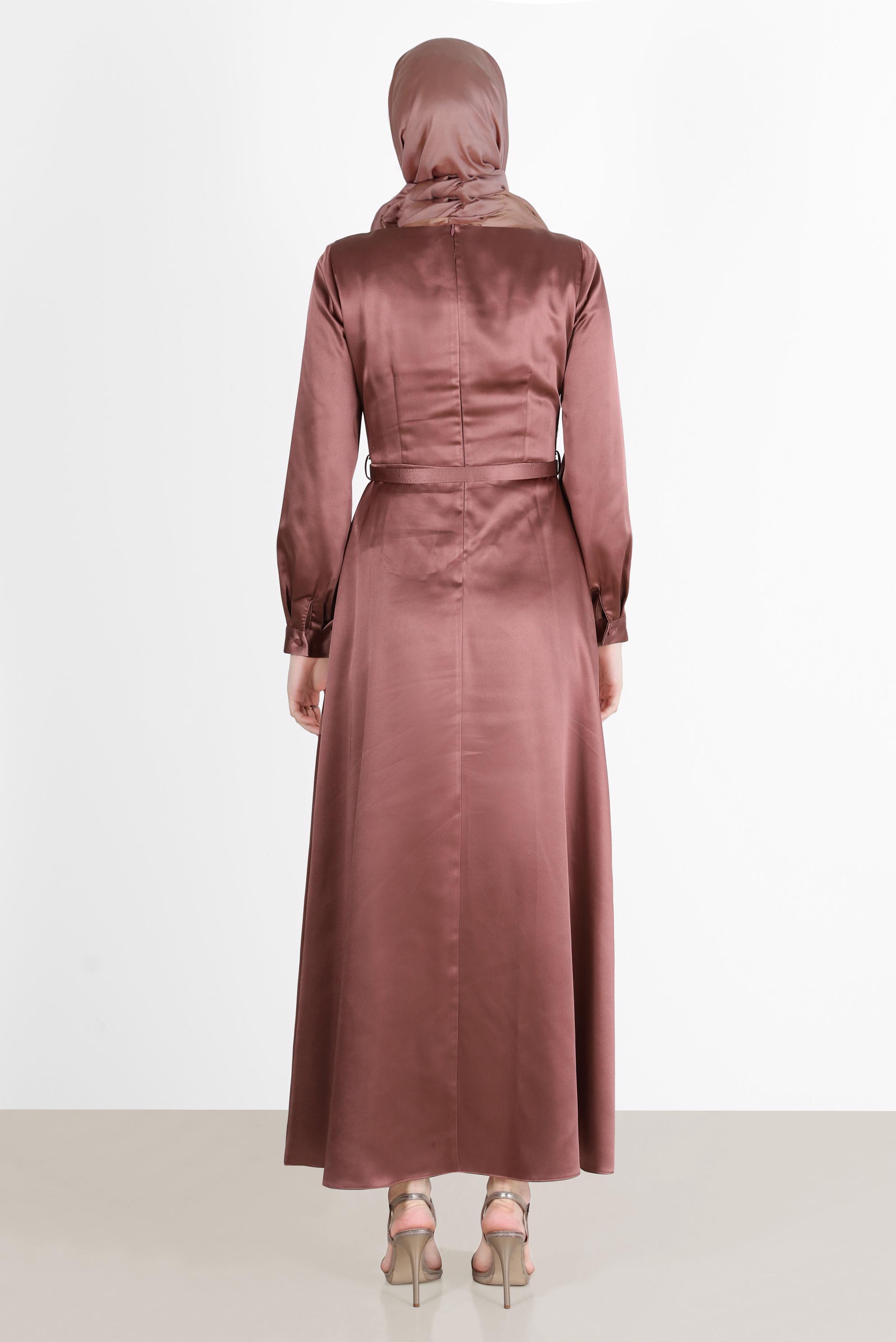 Tesettür giyim PEMBE FİYONK DETAYLI KEMERLİ ELBİSE 42532 