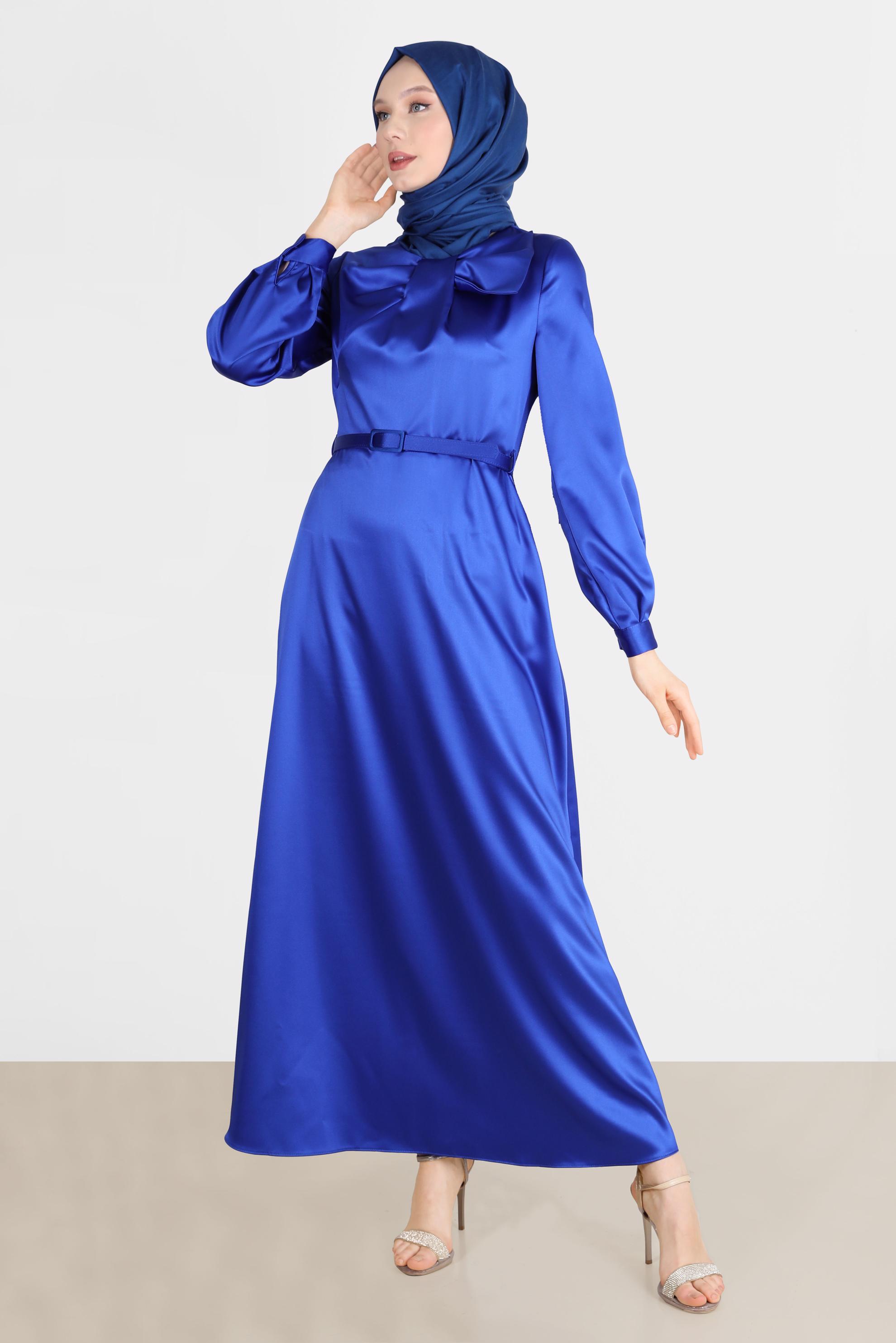Tesettür giyim MAVİ FİYONK DETAYLI KEMERLİ ELBİSE 42532 