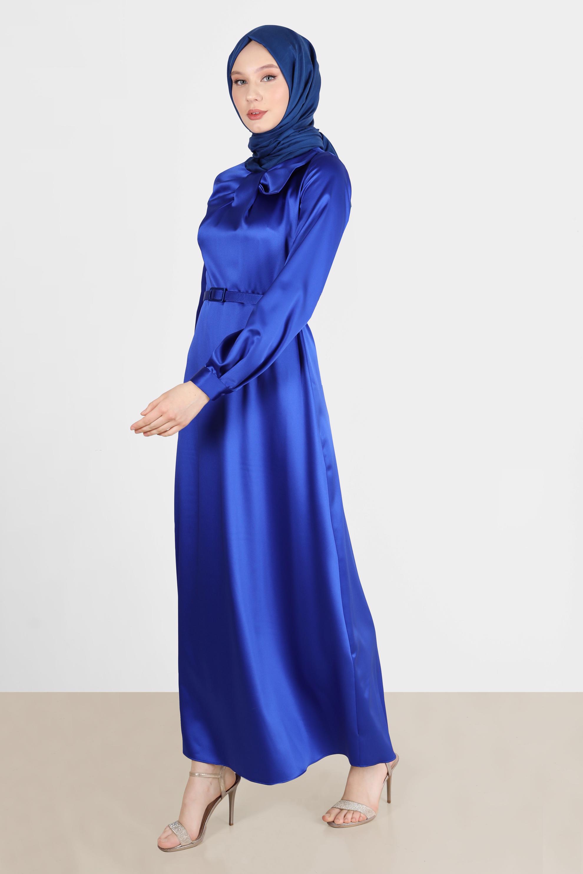 Tesettür giyim MAVİ FİYONK DETAYLI KEMERLİ ELBİSE 42532 