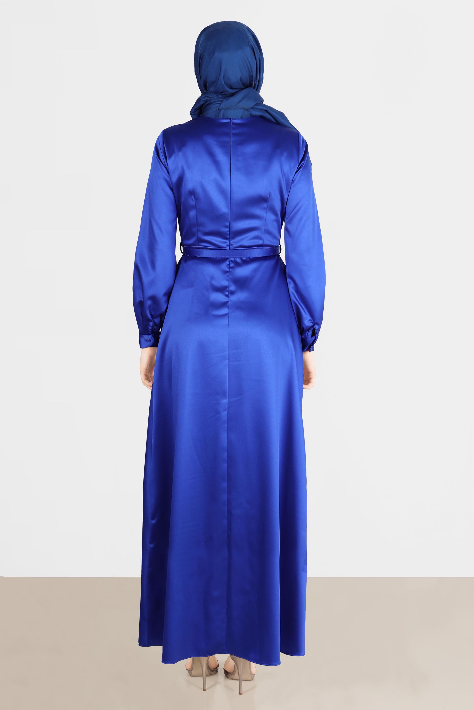 Tesettür giyim MAVİ FİYONK DETAYLI KEMERLİ ELBİSE 42532 