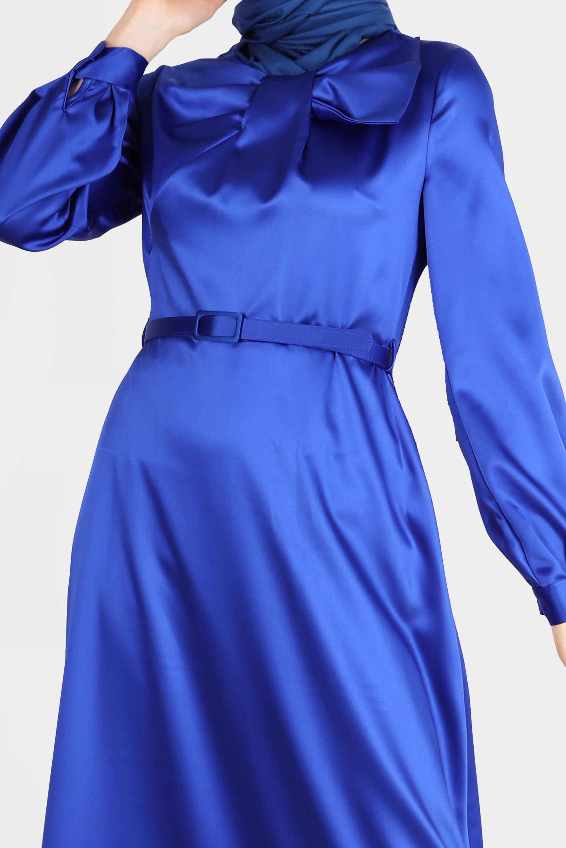 Tesettür giyim MAVİ FİYONK DETAYLI KEMERLİ ELBİSE 42532 