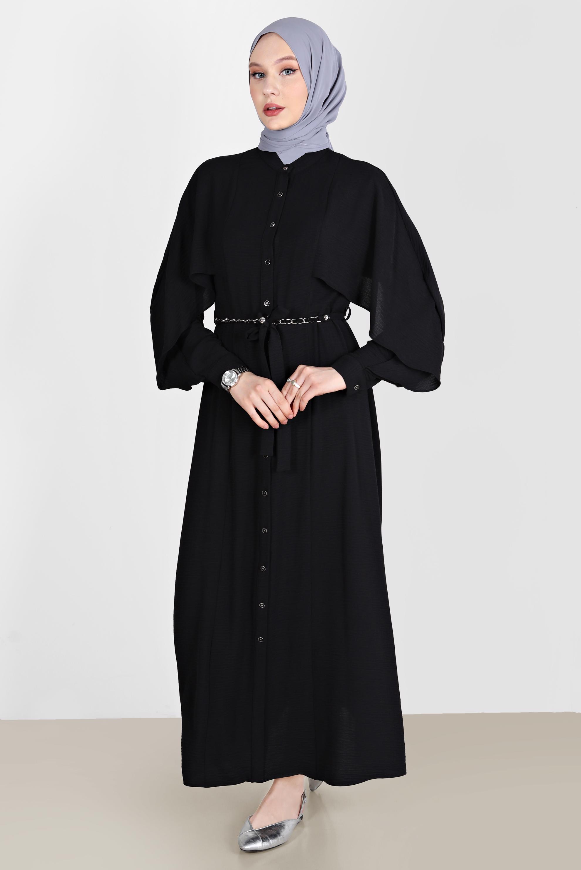 Tesettür giyim SİYAH VOLANLI BOYDAN DÜĞMELİ ELBİSE 42550 