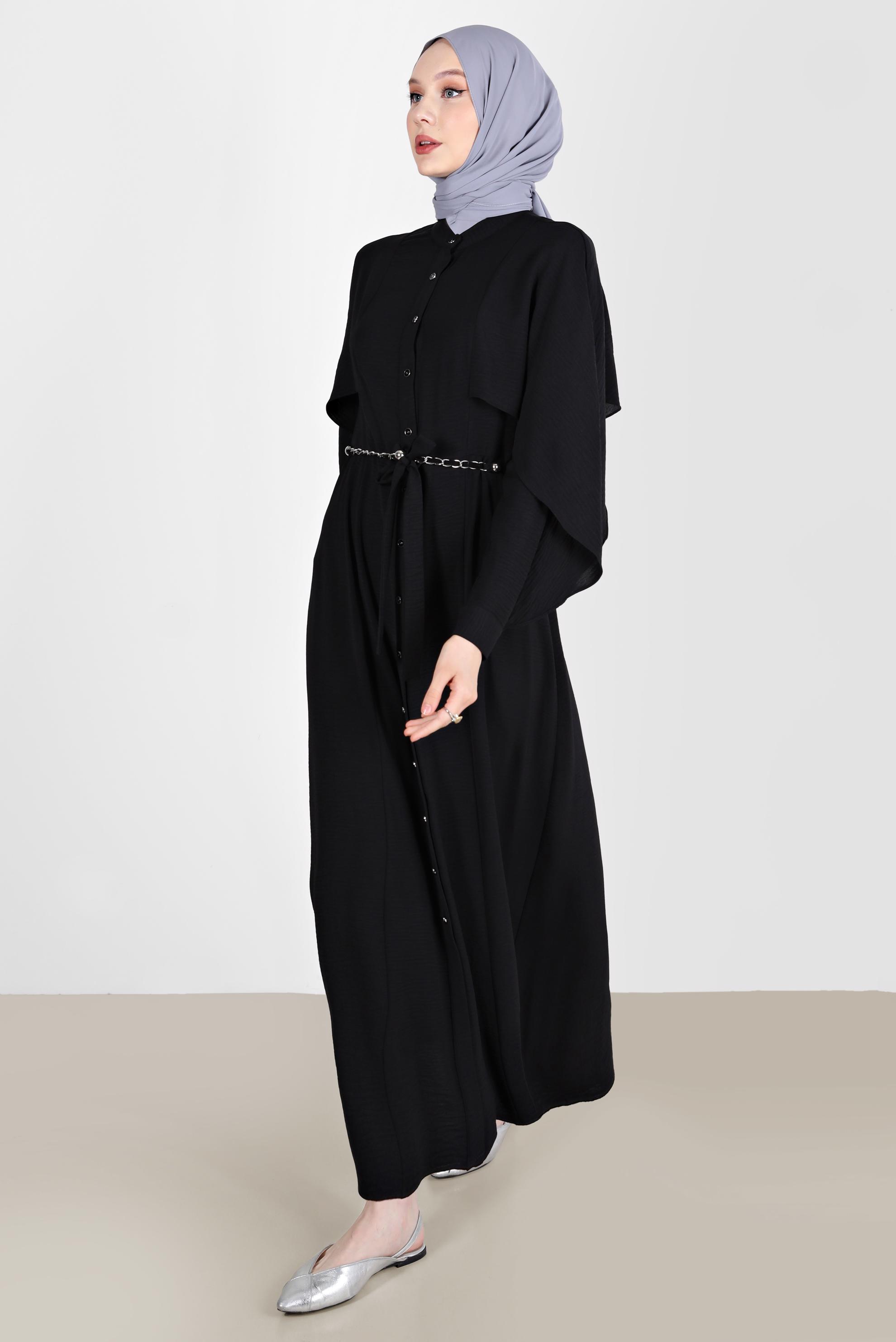 Tesettür giyim SİYAH VOLANLI BOYDAN DÜĞMELİ ELBİSE 42550 