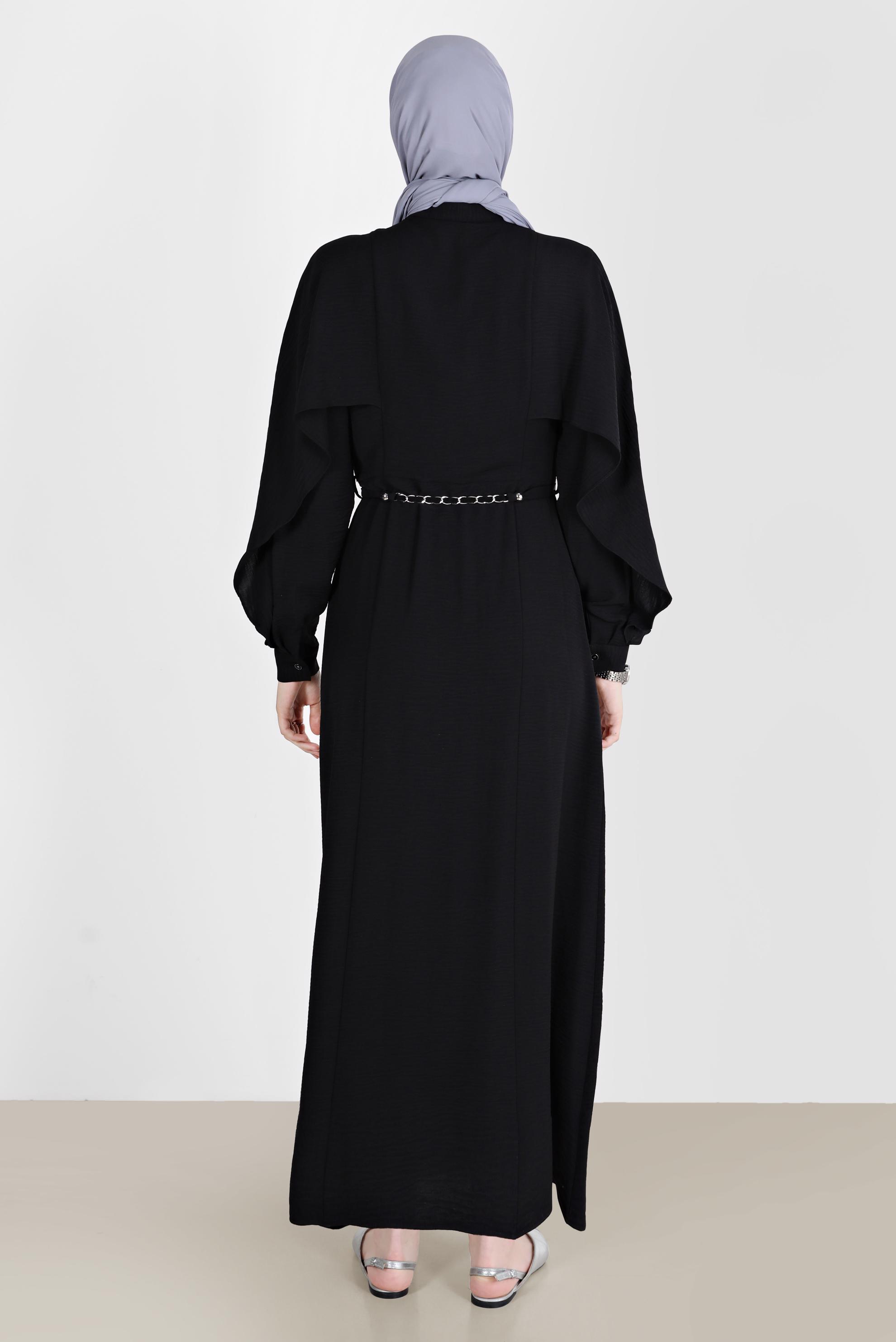 Tesettür giyim SİYAH VOLANLI BOYDAN DÜĞMELİ ELBİSE 42550 