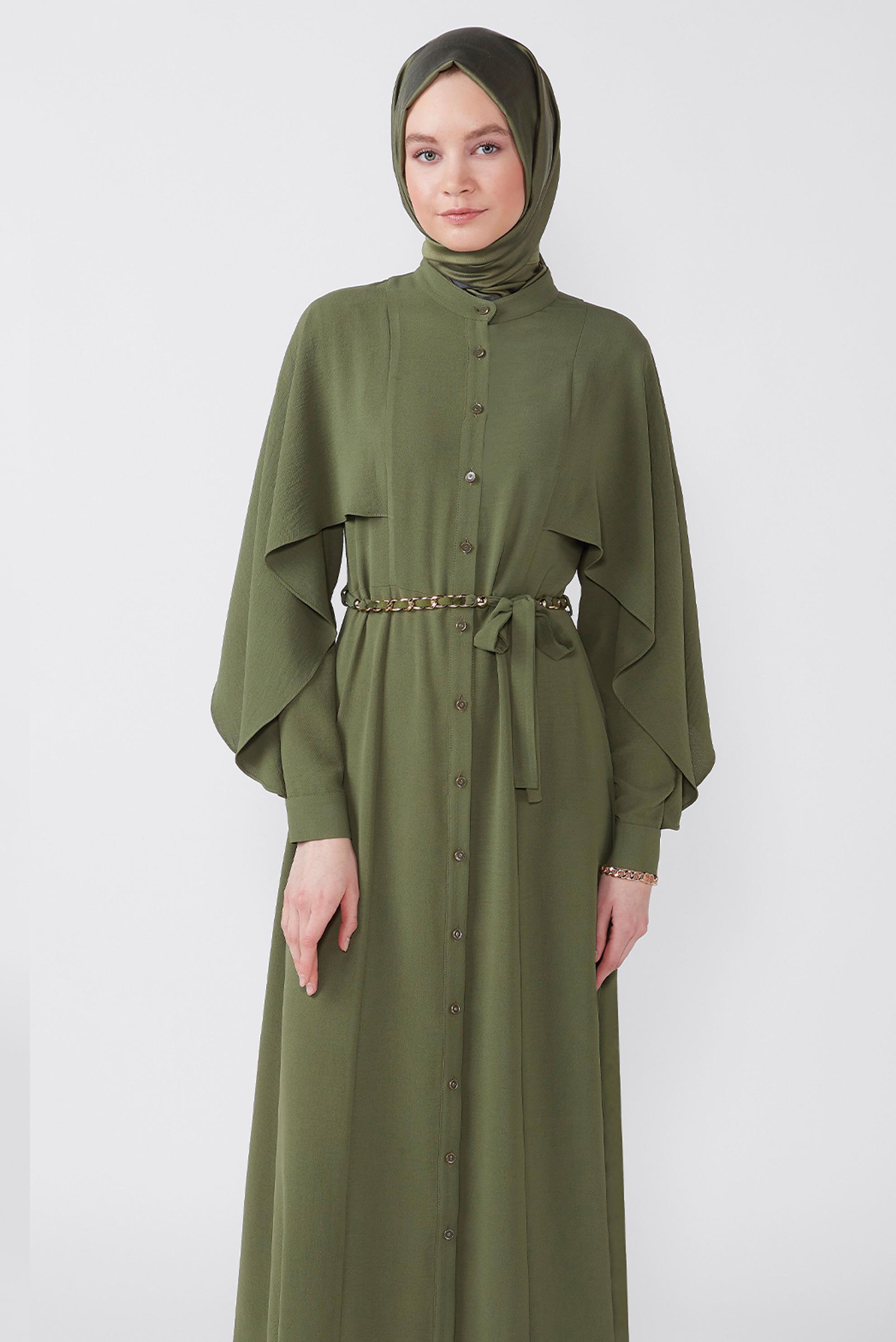 Tesettür giyim HAKİ VOLANLI BOYDAN DÜĞMELİ ELBİSE 42550 