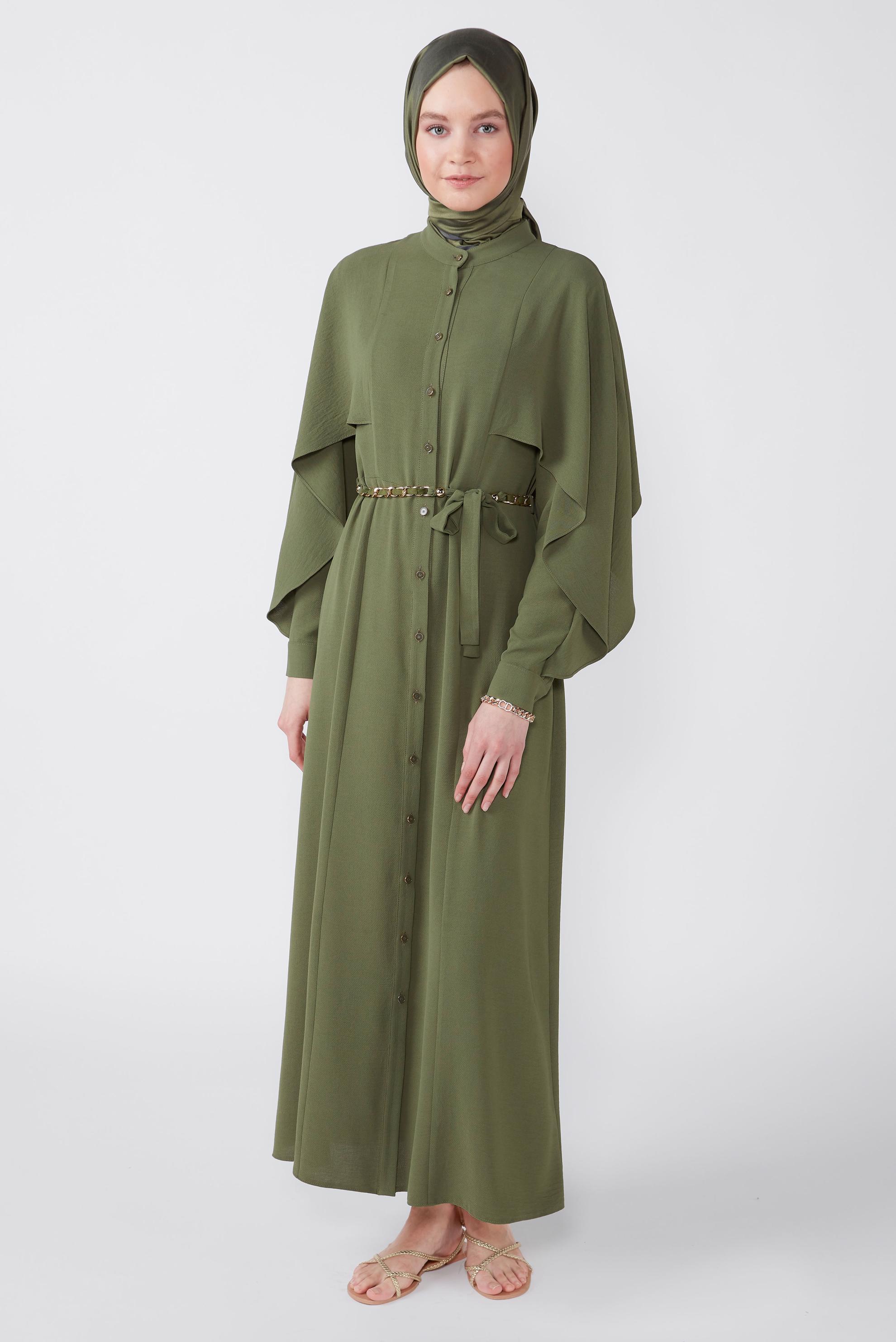 Tesettür giyim HAKİ VOLANLI BOYDAN DÜĞMELİ ELBİSE 42550 