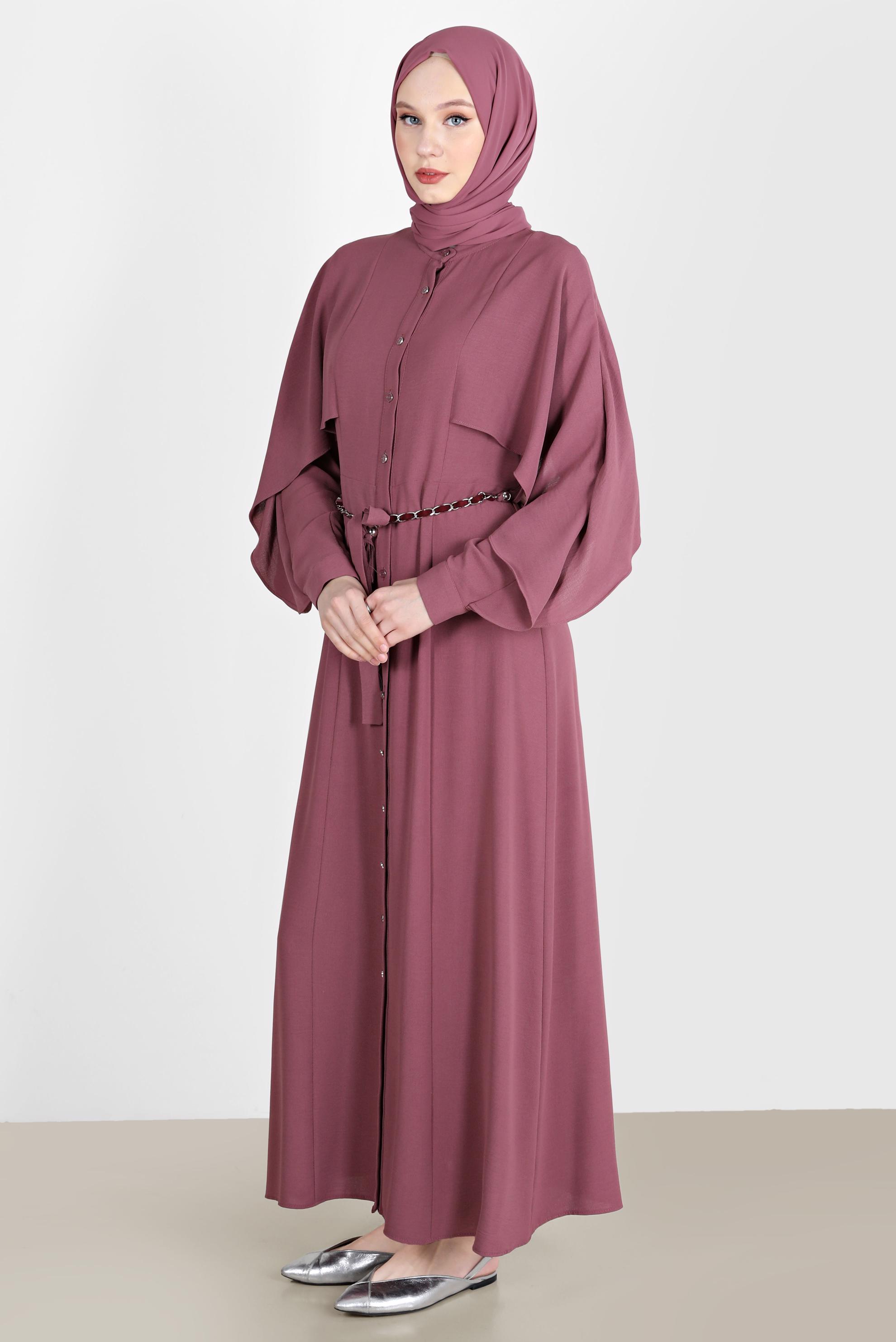 Tesettür giyim MOR VOLANLI BOYDAN DÜĞMELİ ELBİSE 42550 
