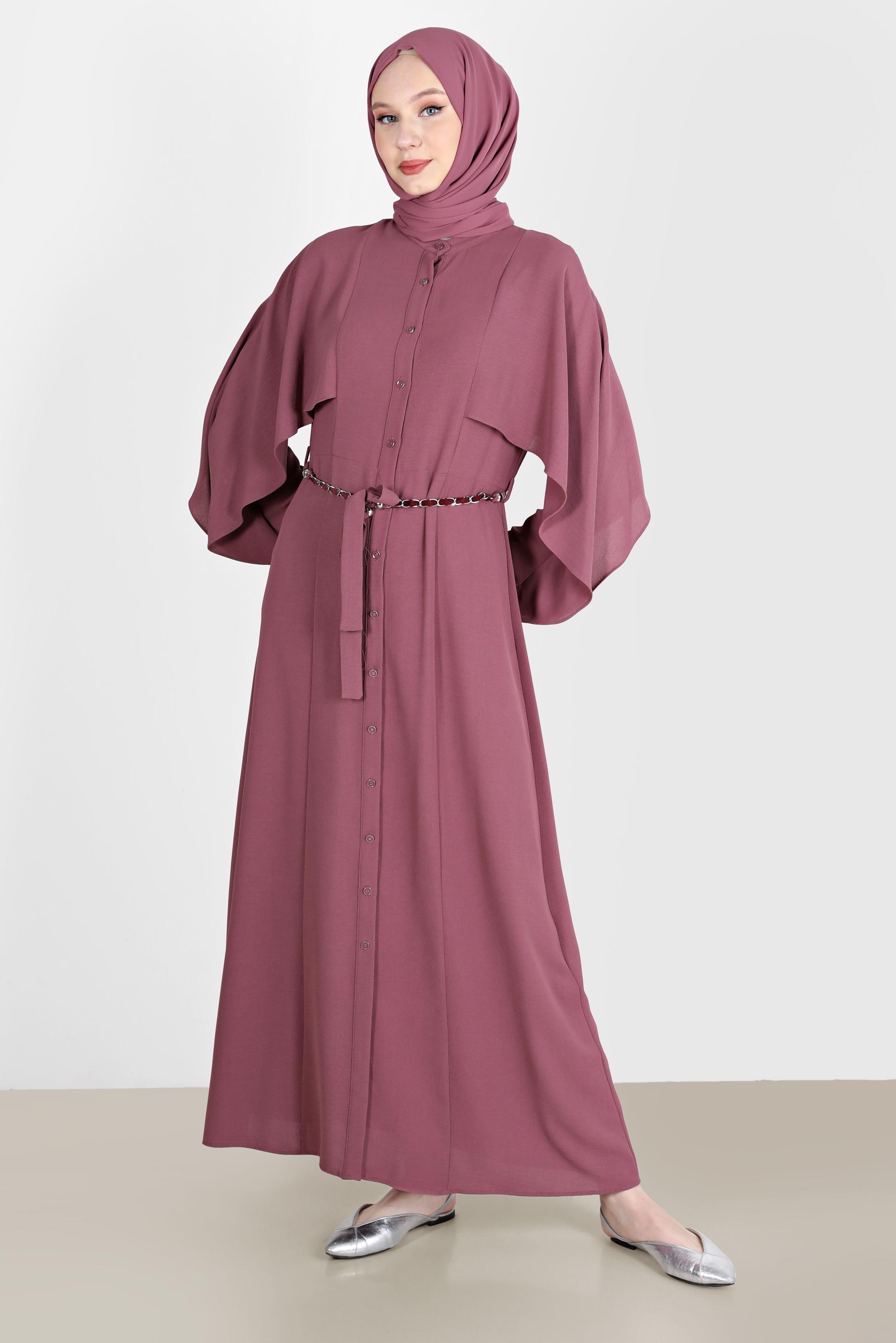 Tesettür giyim MOR VOLANLI BOYDAN DÜĞMELİ ELBİSE 42550 