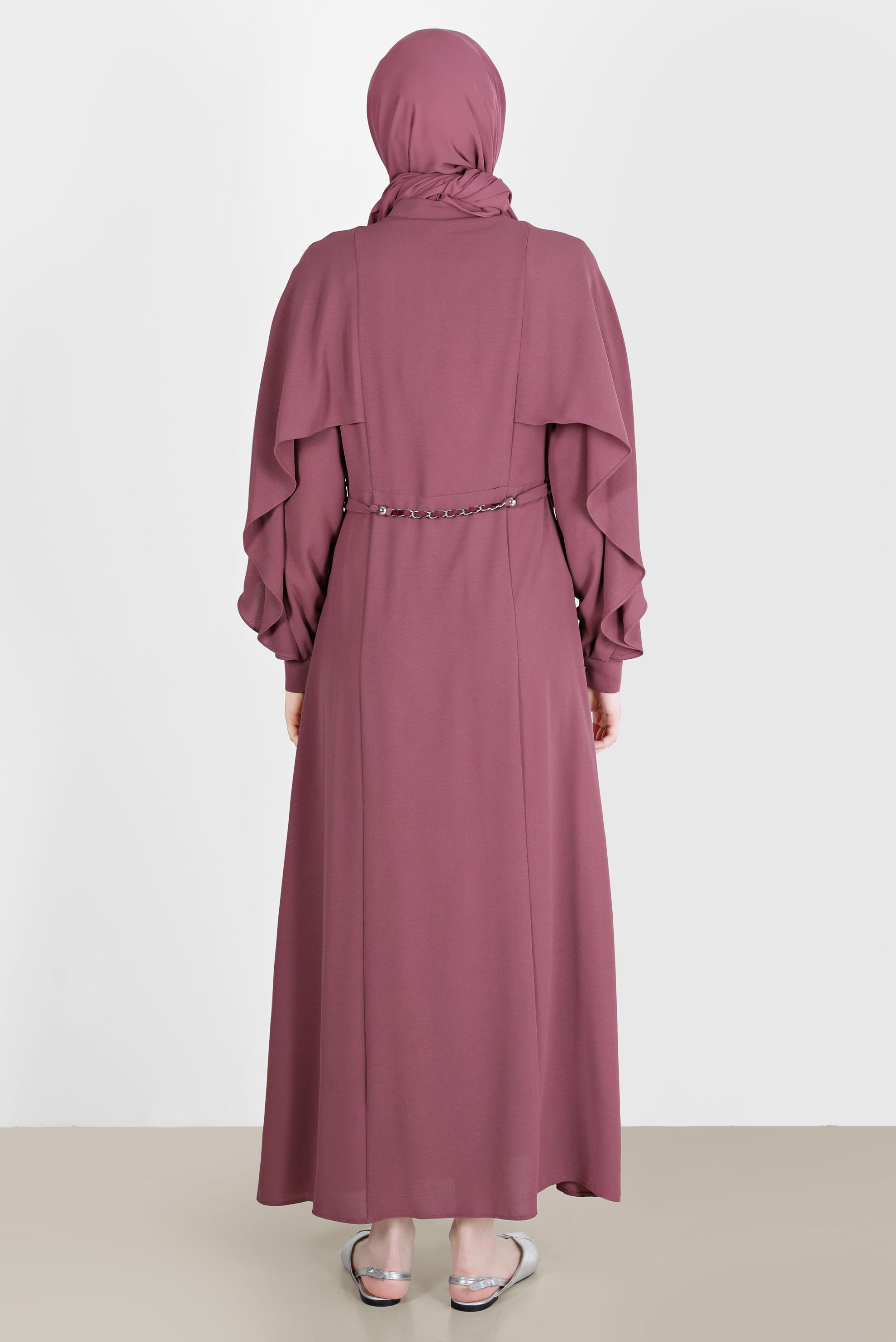 Tesettür giyim MOR VOLANLI BOYDAN DÜĞMELİ ELBİSE 42550 