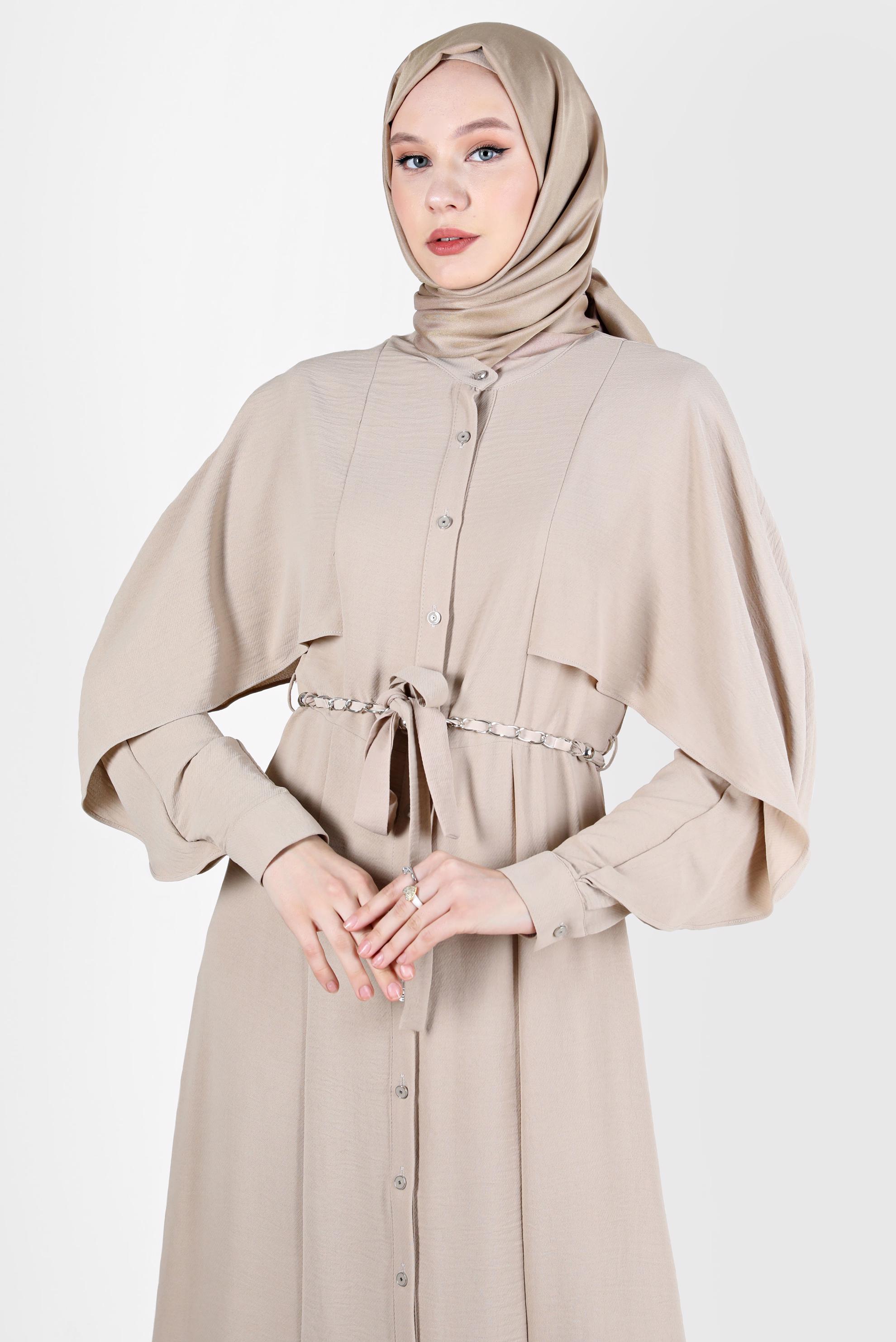 Tesettür giyim KUM VOLANLI BOYDAN DÜĞMELİ ELBİSE 42550 