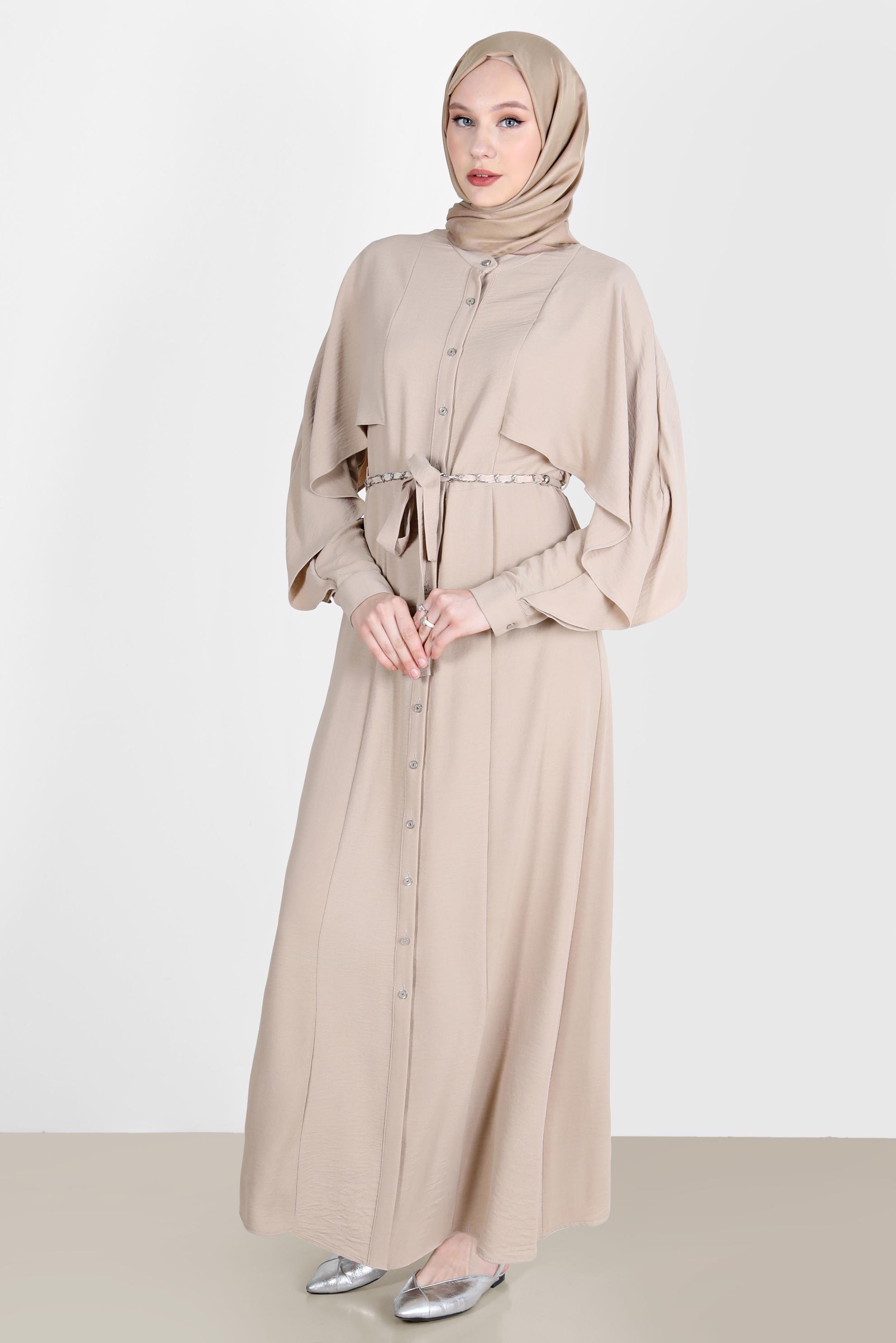 Tesettür giyim KUM VOLANLI BOYDAN DÜĞMELİ ELBİSE 42550 