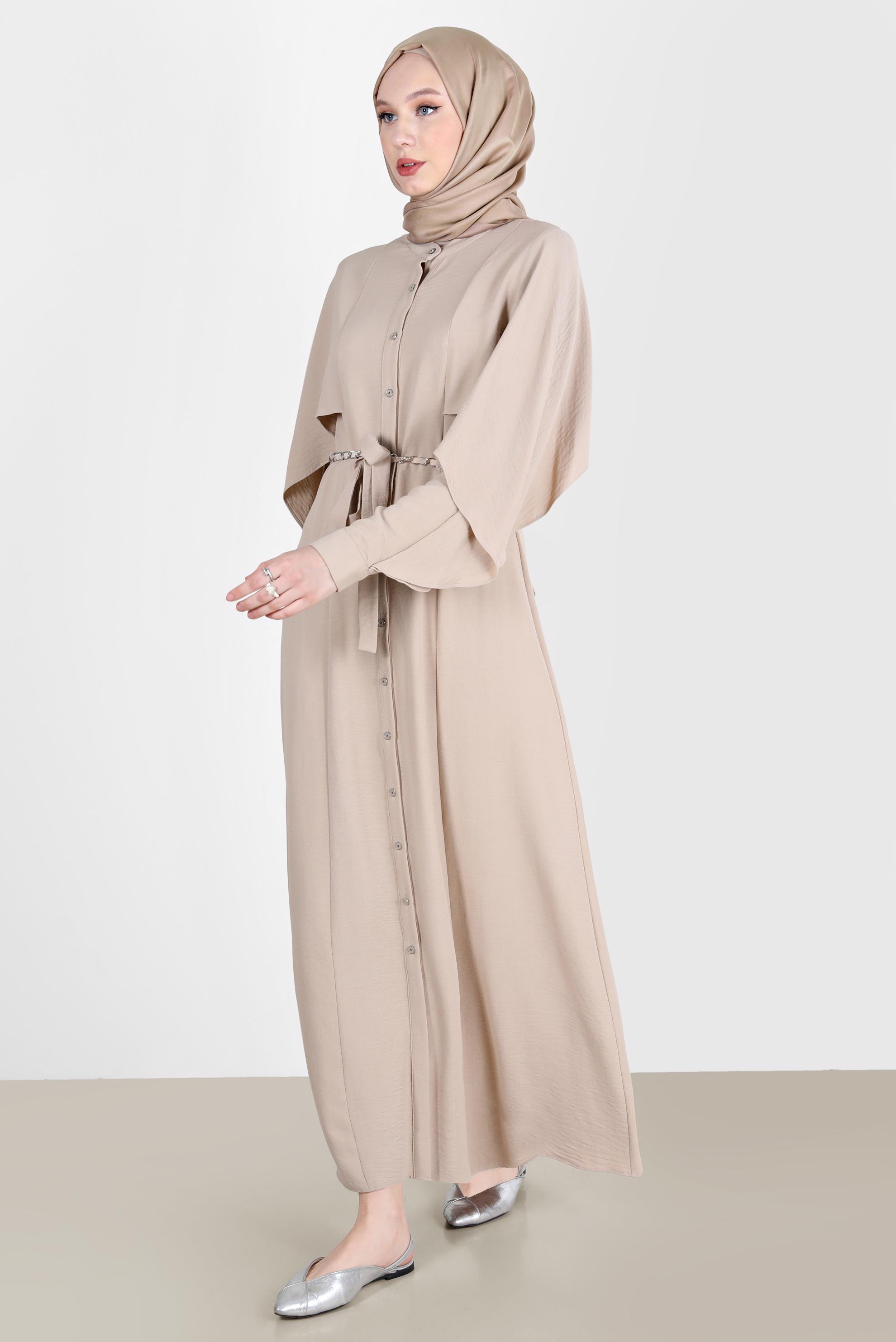 Tesettür giyim KUM VOLANLI BOYDAN DÜĞMELİ ELBİSE 42550 