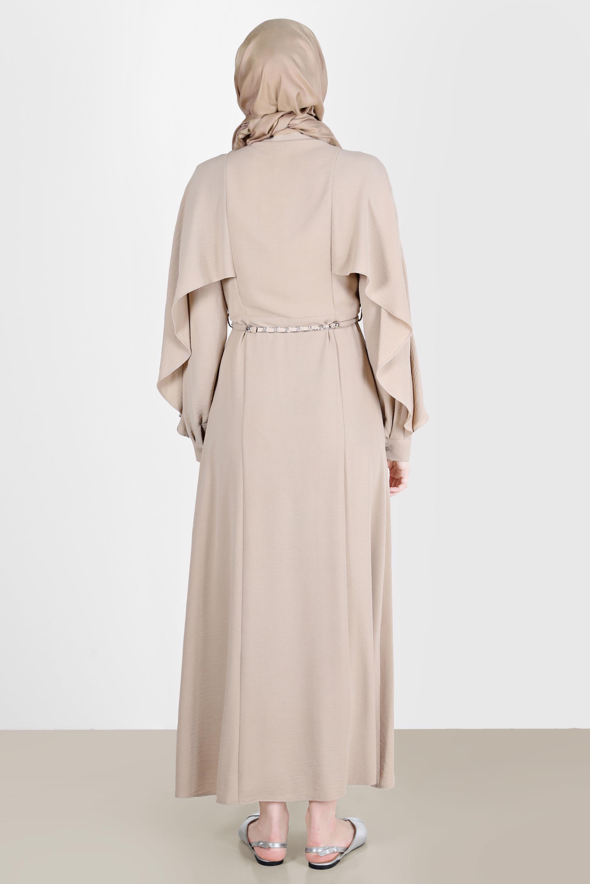 Tesettür giyim KUM VOLANLI BOYDAN DÜĞMELİ ELBİSE 42550 