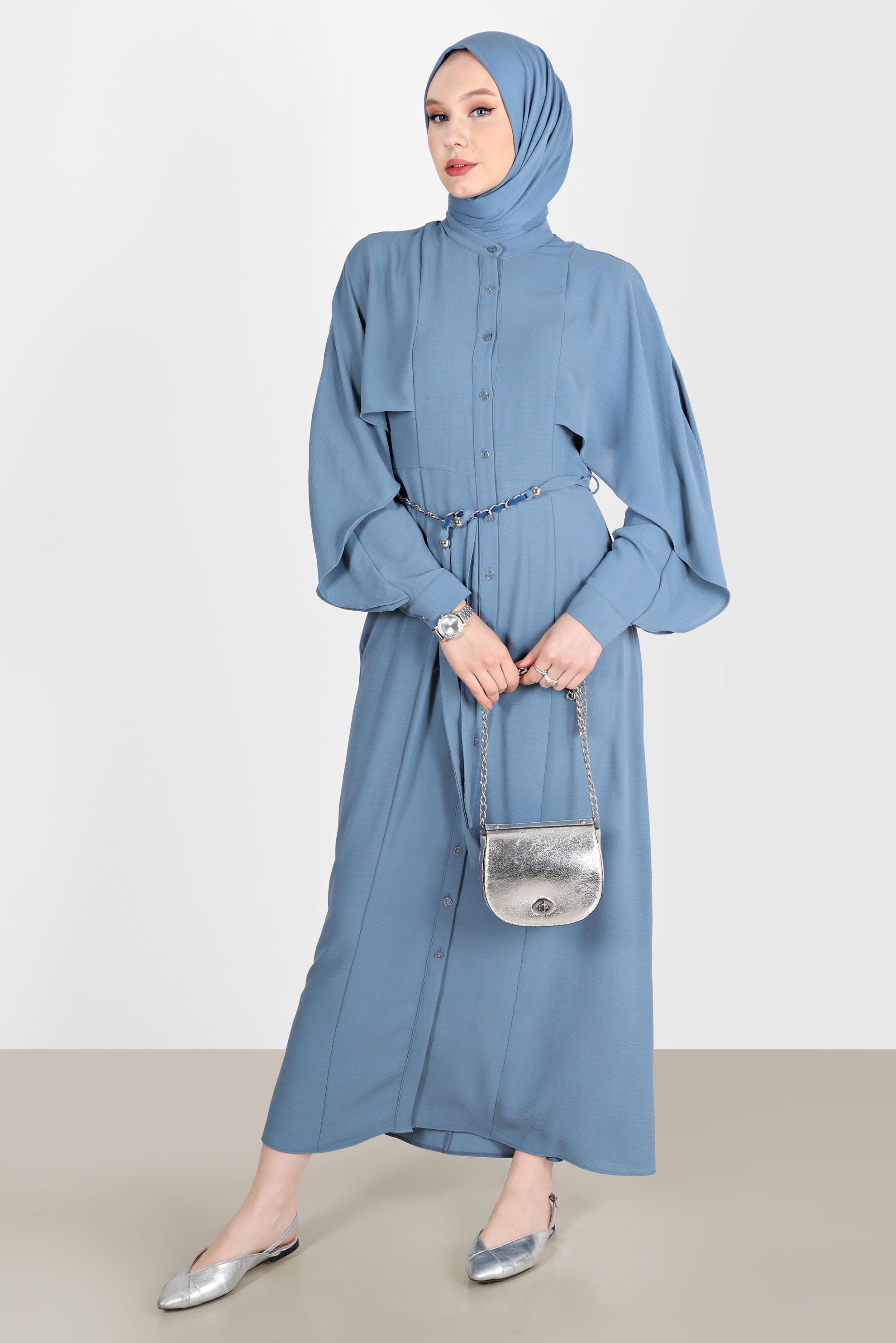 Tesettür giyim MAVİ VOLANLI BOYDAN DÜĞMELİ ELBİSE 42550 