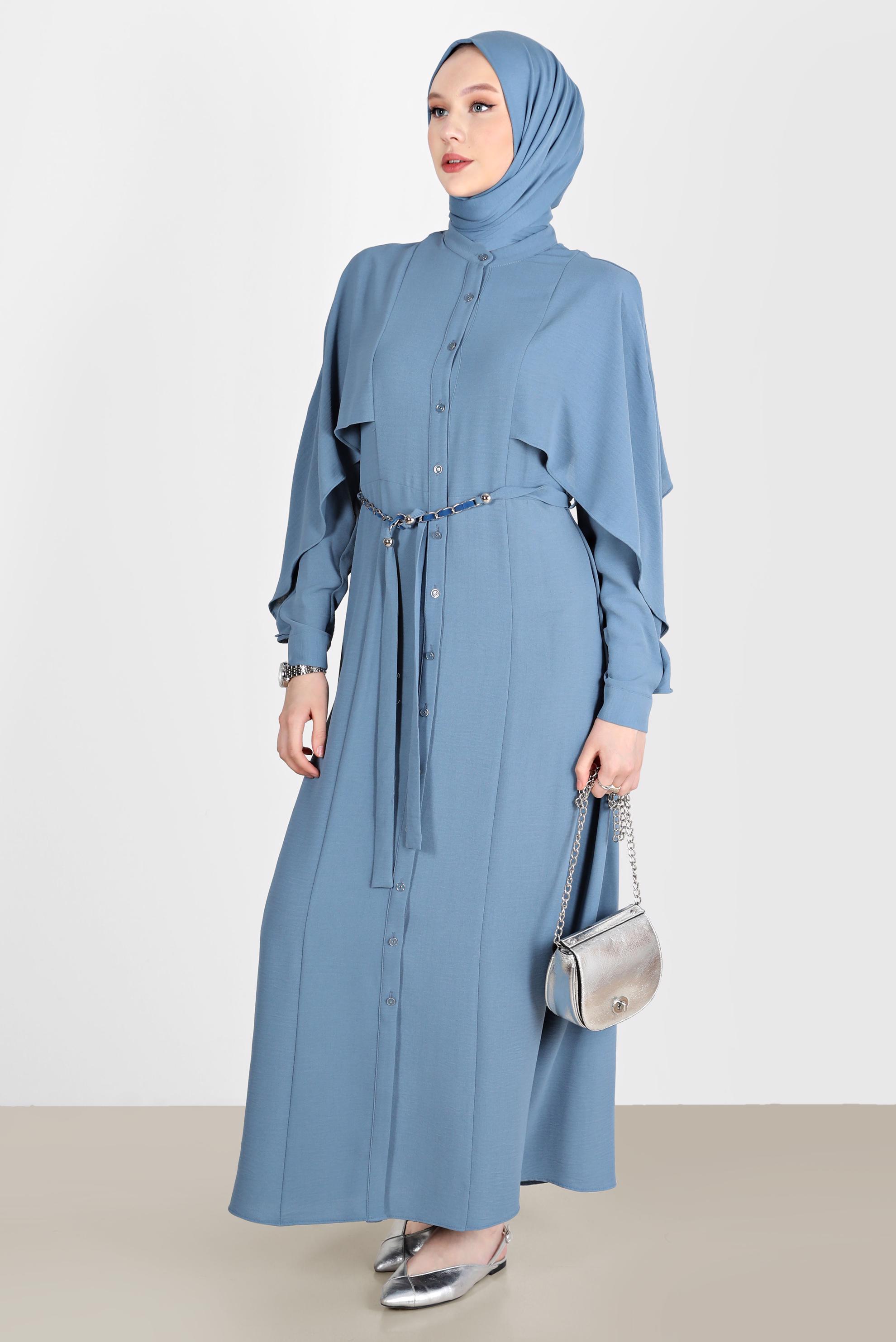 Tesettür giyim MAVİ VOLANLI BOYDAN DÜĞMELİ ELBİSE 42550 