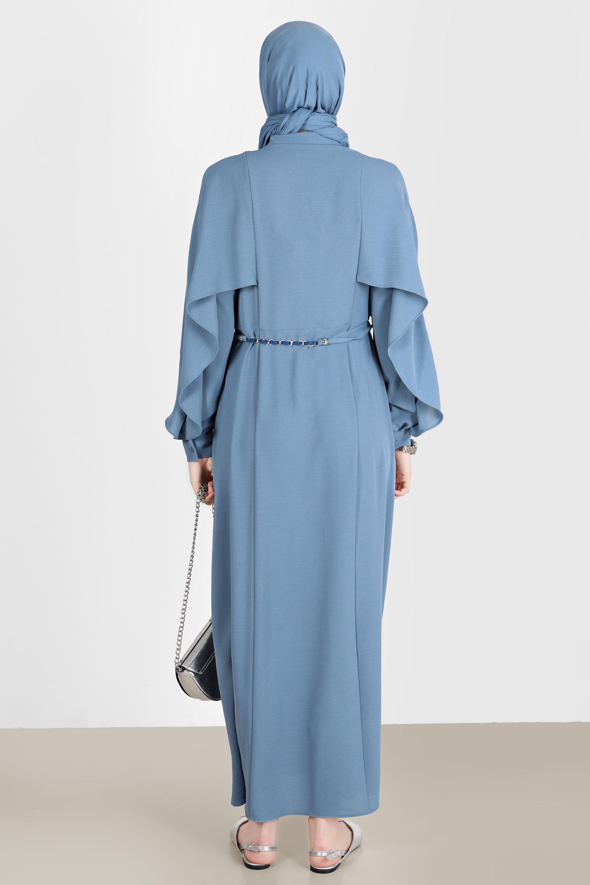 Tesettür giyim MAVİ VOLANLI BOYDAN DÜĞMELİ ELBİSE 42550 