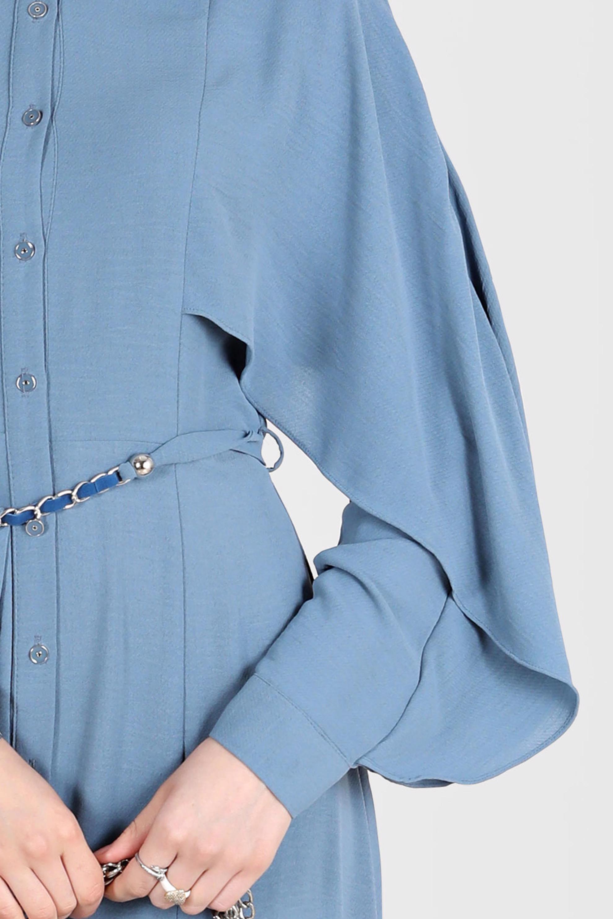 Tesettür giyim MAVİ VOLANLI BOYDAN DÜĞMELİ ELBİSE 42550 