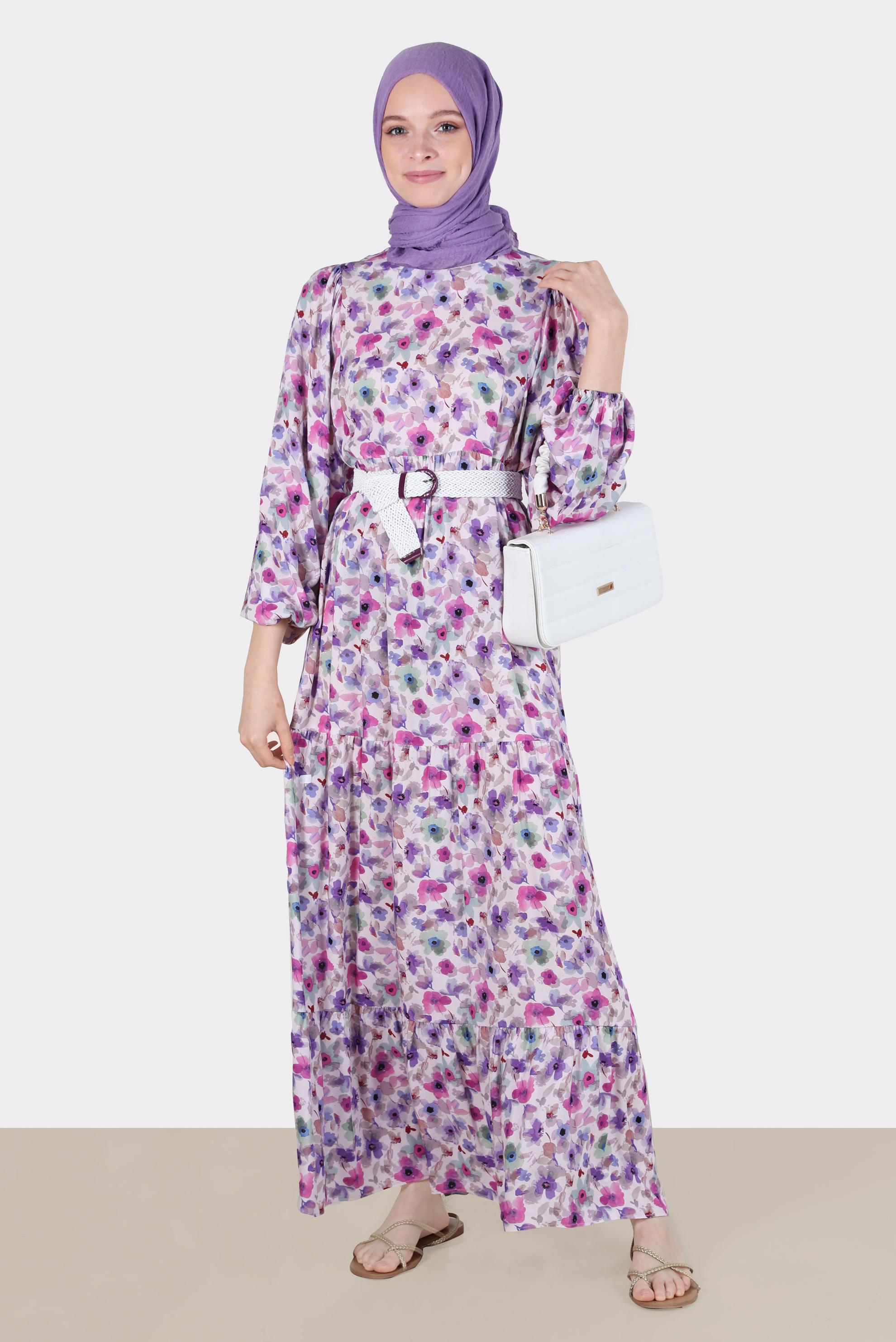 Tesettür giyim MOR DESENLİ KUŞAKLI ELBİSE 42551 