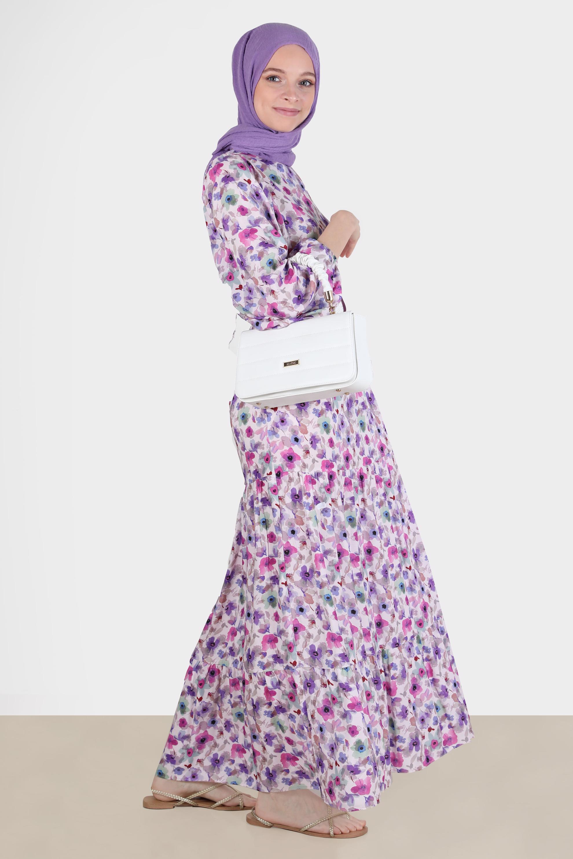 Tesettür giyim MOR DESENLİ KUŞAKLI ELBİSE 42551 