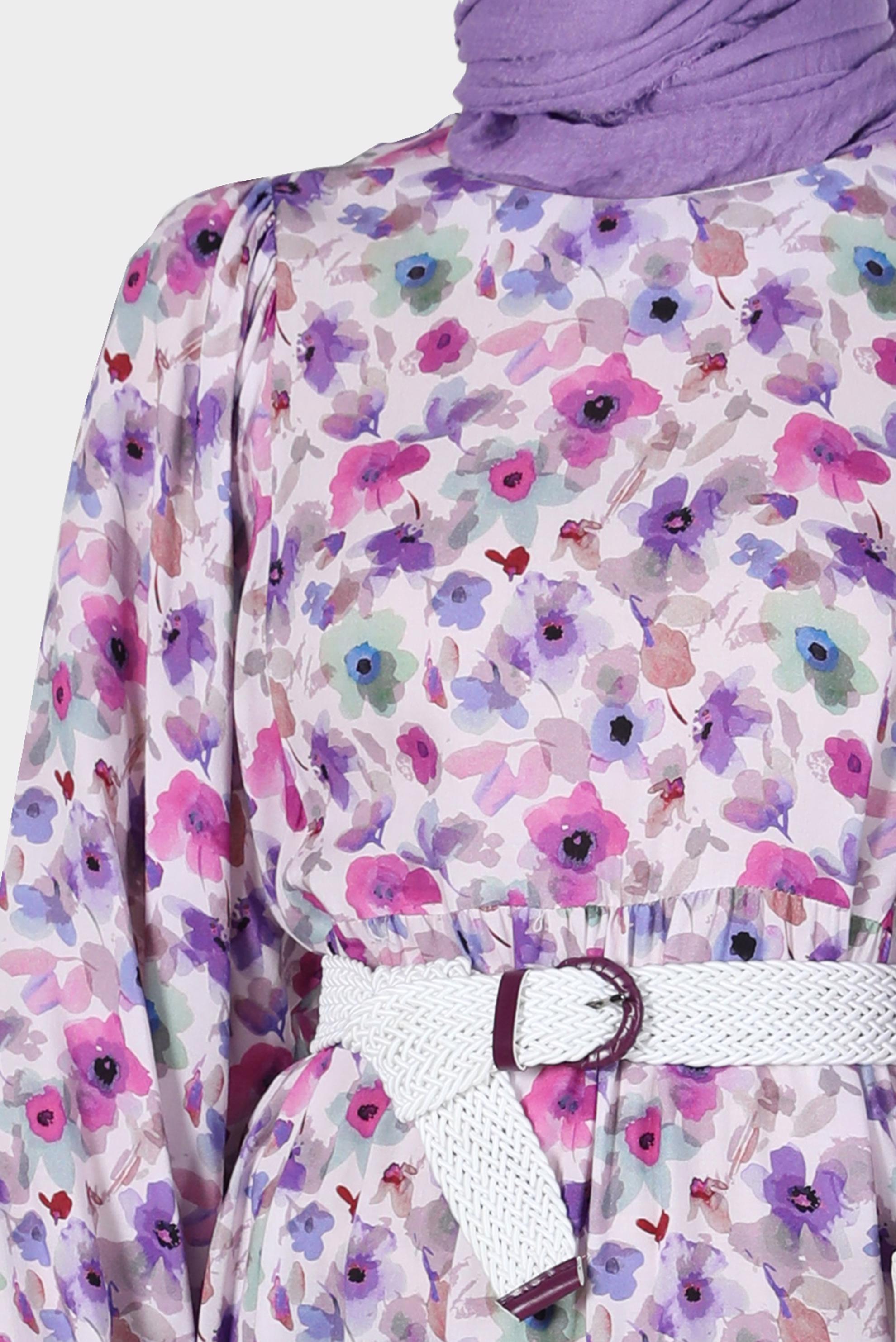 Tesettür giyim MOR DESENLİ KUŞAKLI ELBİSE 42551 