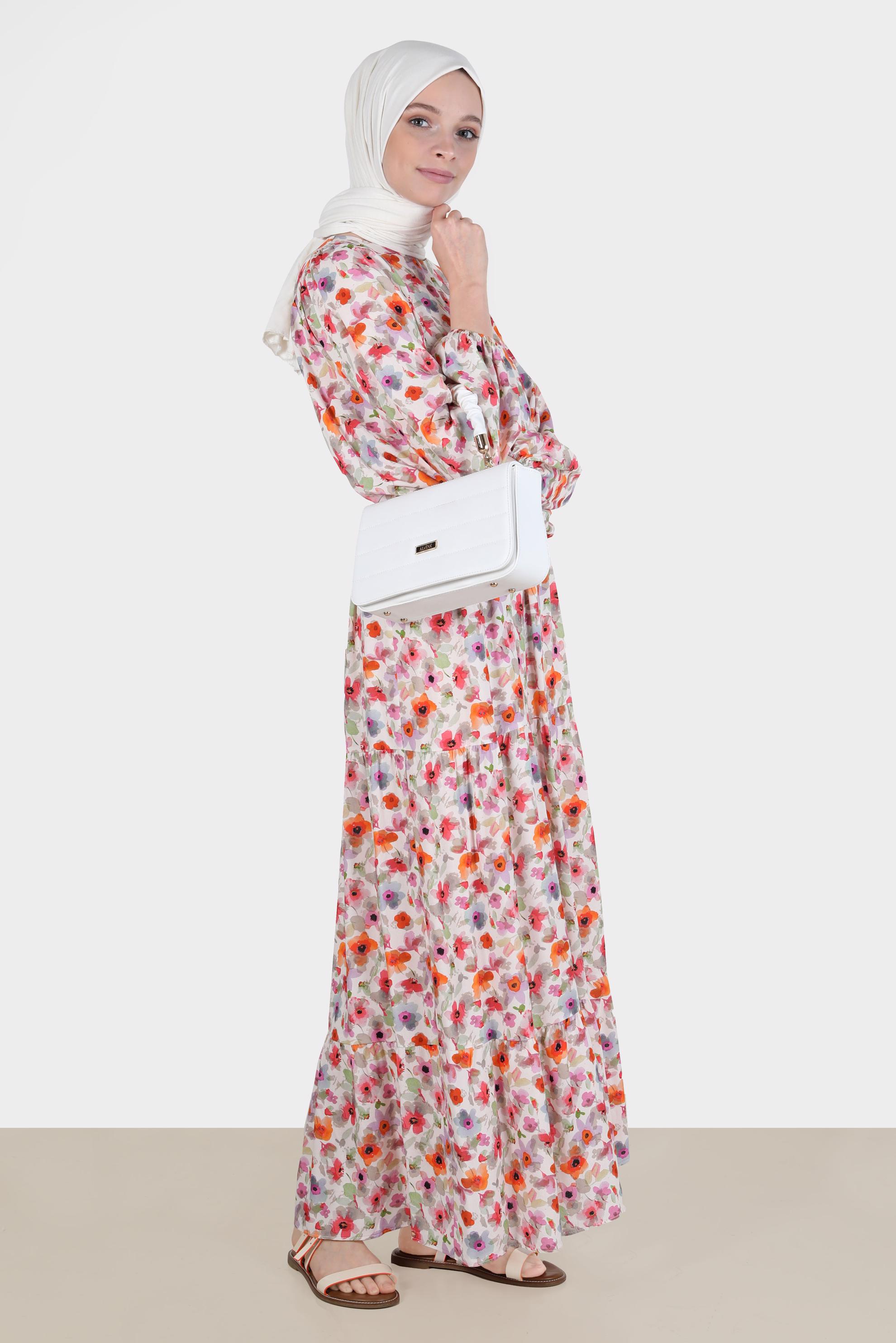 Tesettür giyim TURUNCU DESENLİ KUŞAKLI ELBİSE 42551 