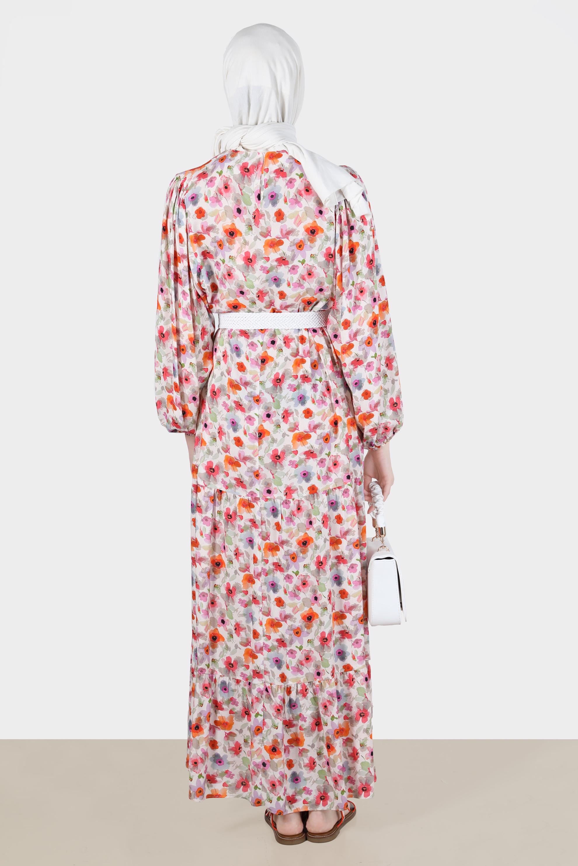 Tesettür giyim TURUNCU DESENLİ KUŞAKLI ELBİSE 42551 