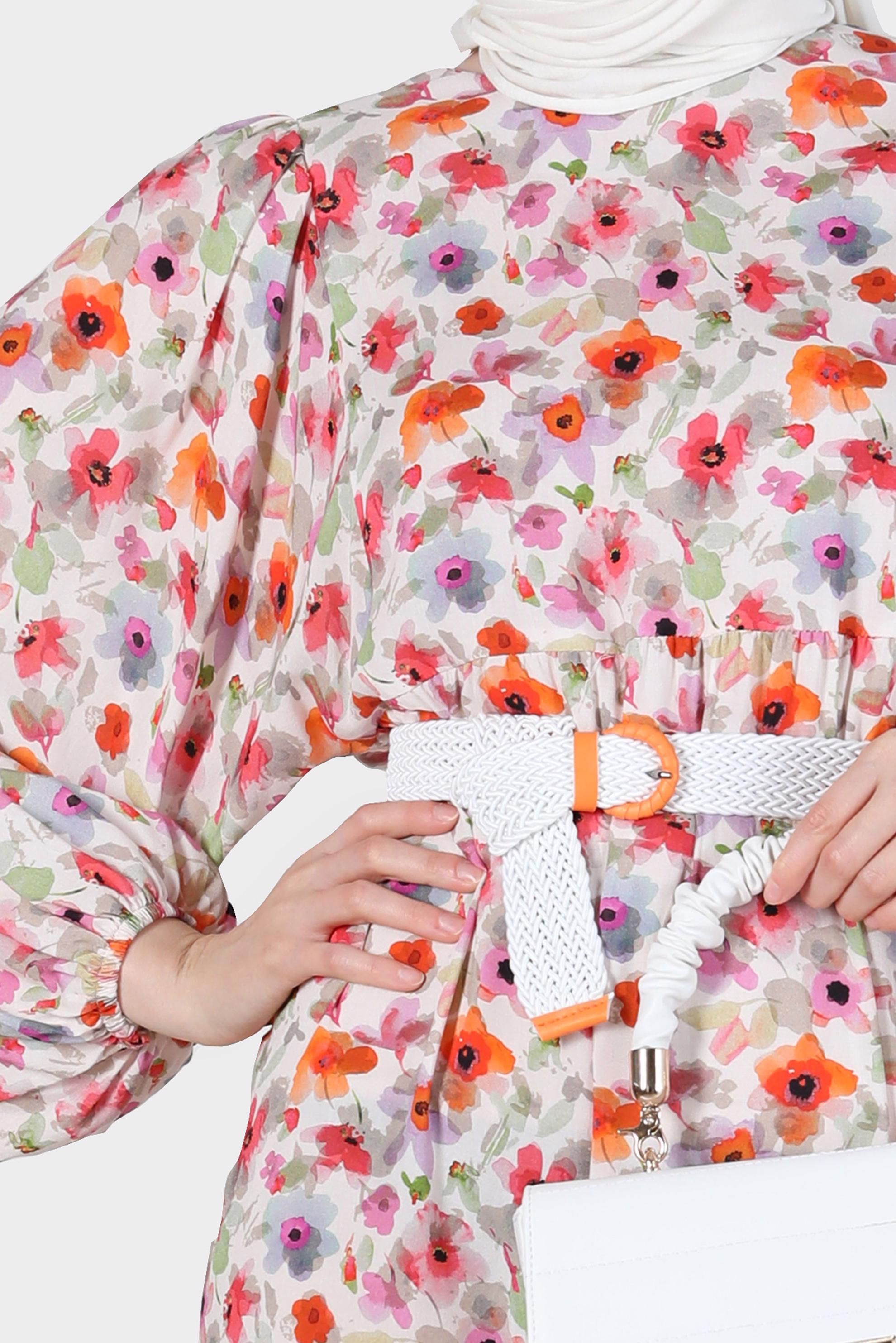 Tesettür giyim TURUNCU DESENLİ KUŞAKLI ELBİSE 42551 