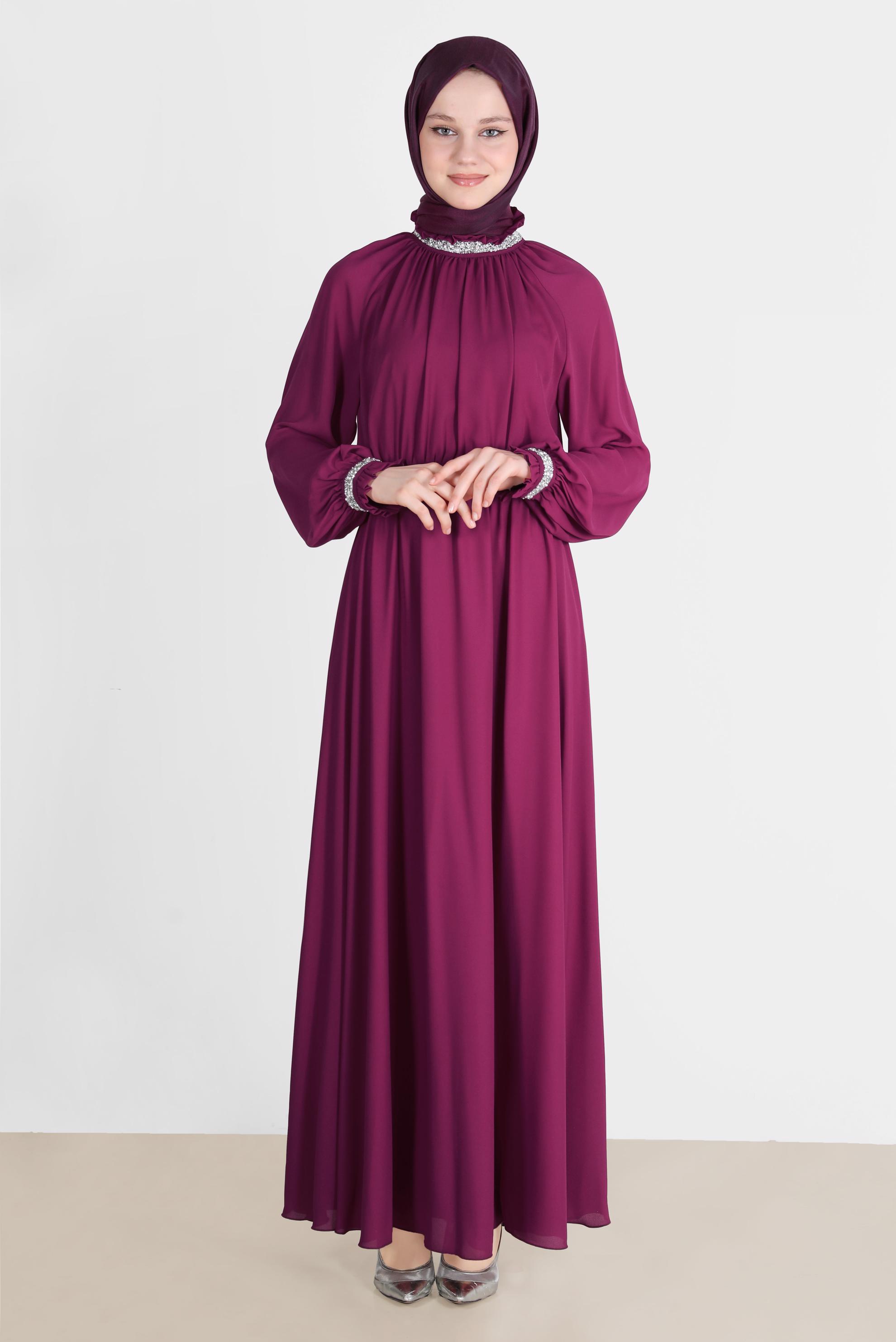 Tesettür giyim FUŞYA TAŞ DETAYLI ELBİSE 42553 