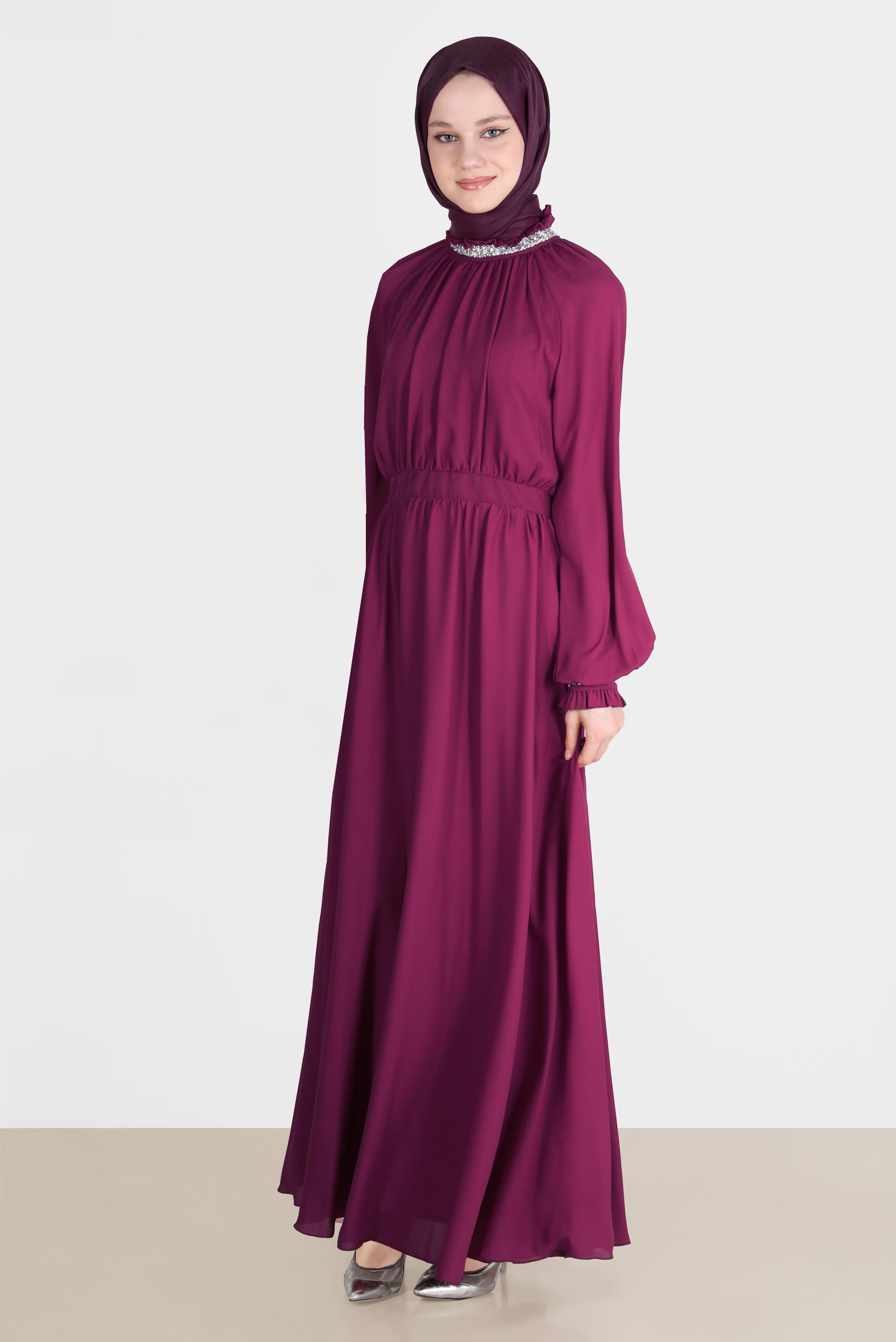 Tesettür giyim FUŞYA TAŞ DETAYLI ELBİSE 42553 