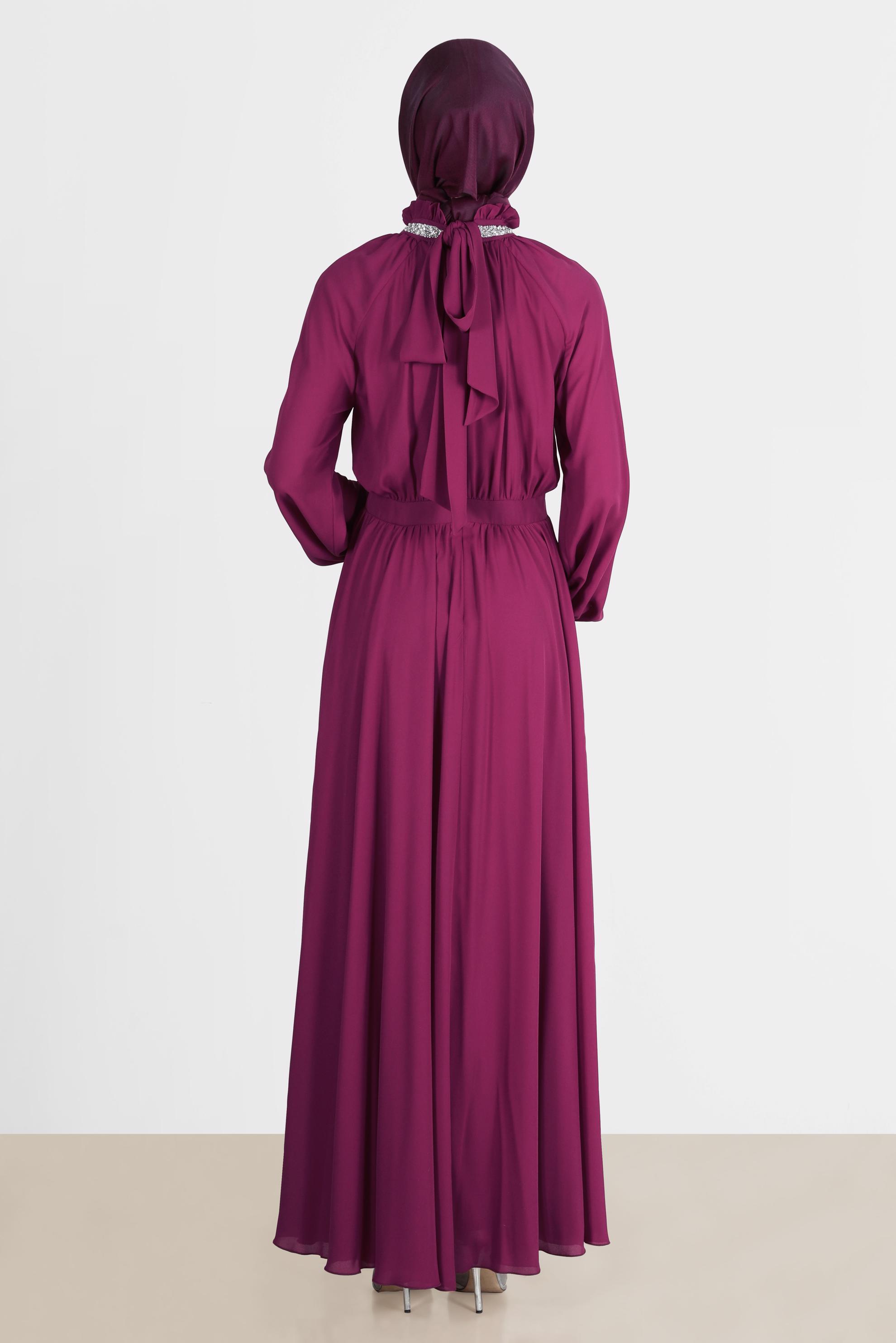 Tesettür giyim FUŞYA TAŞ DETAYLI ELBİSE 42553 