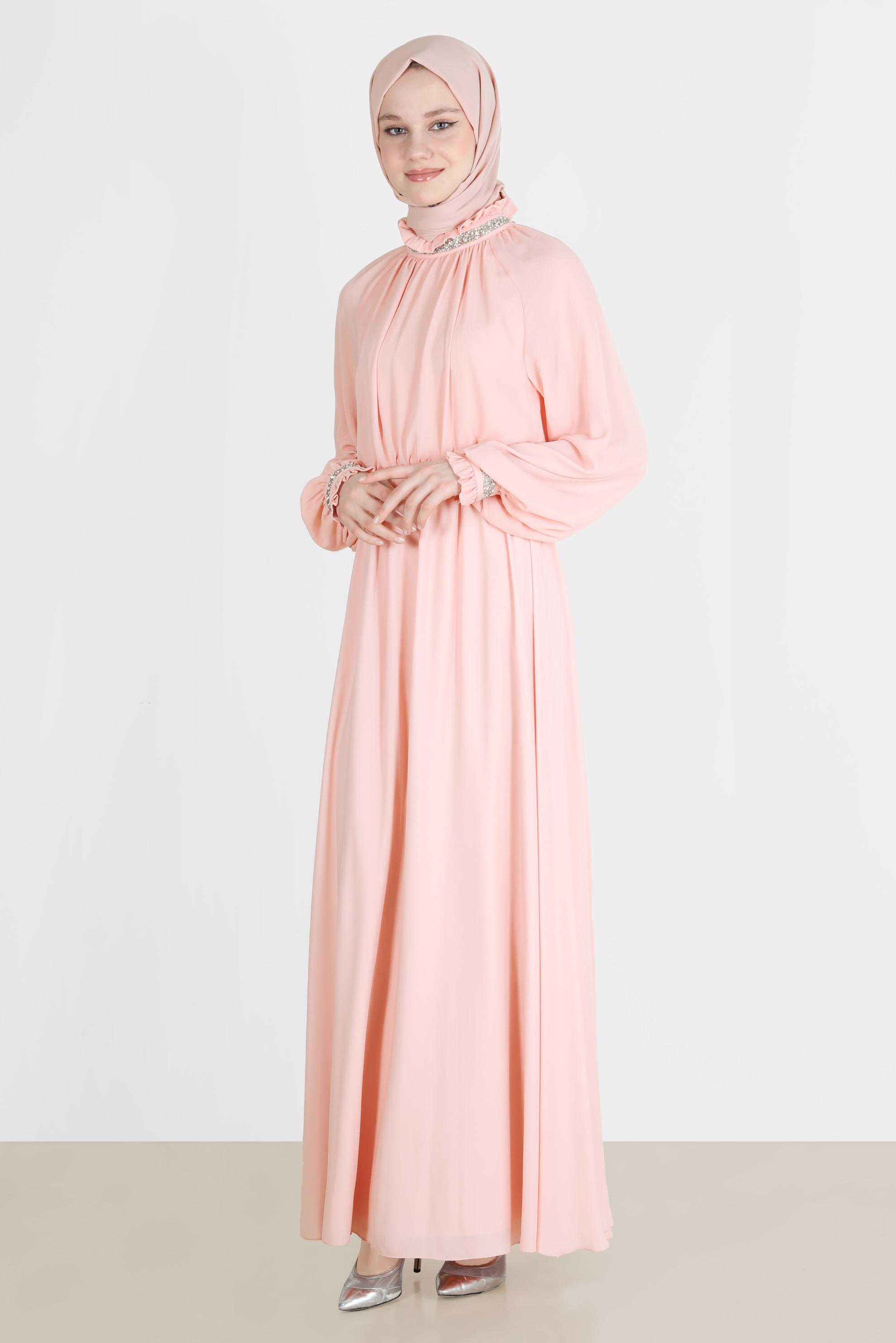Tesettür giyim PUDRA TAŞ DETAYLI ELBİSE 42553 