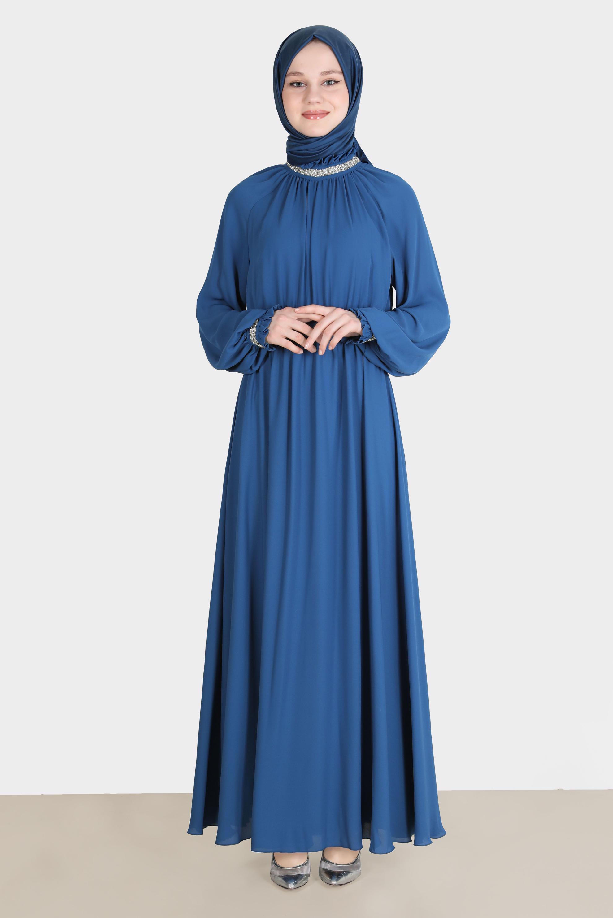 Tesettür giyim LACİVERT TAŞ DETAYLI ELBİSE 42553 