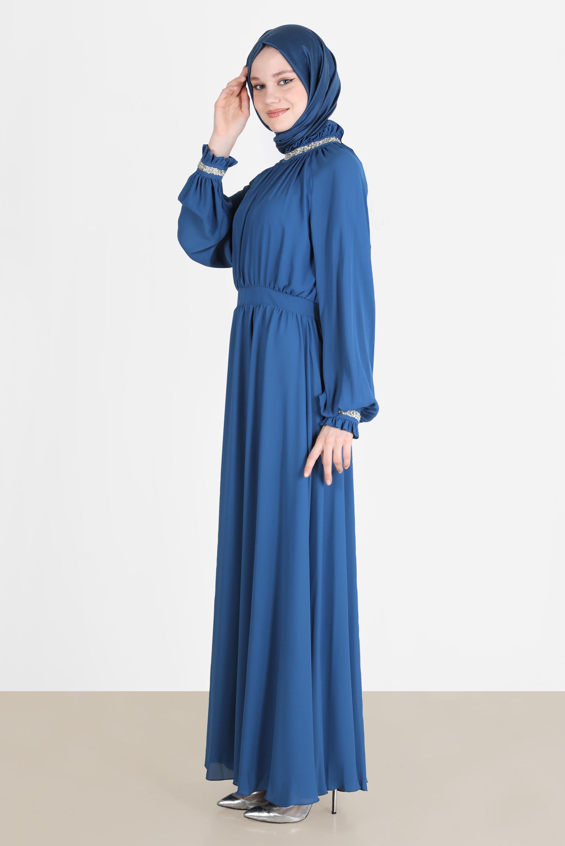 Tesettür giyim LACİVERT TAŞ DETAYLI ELBİSE 42553 