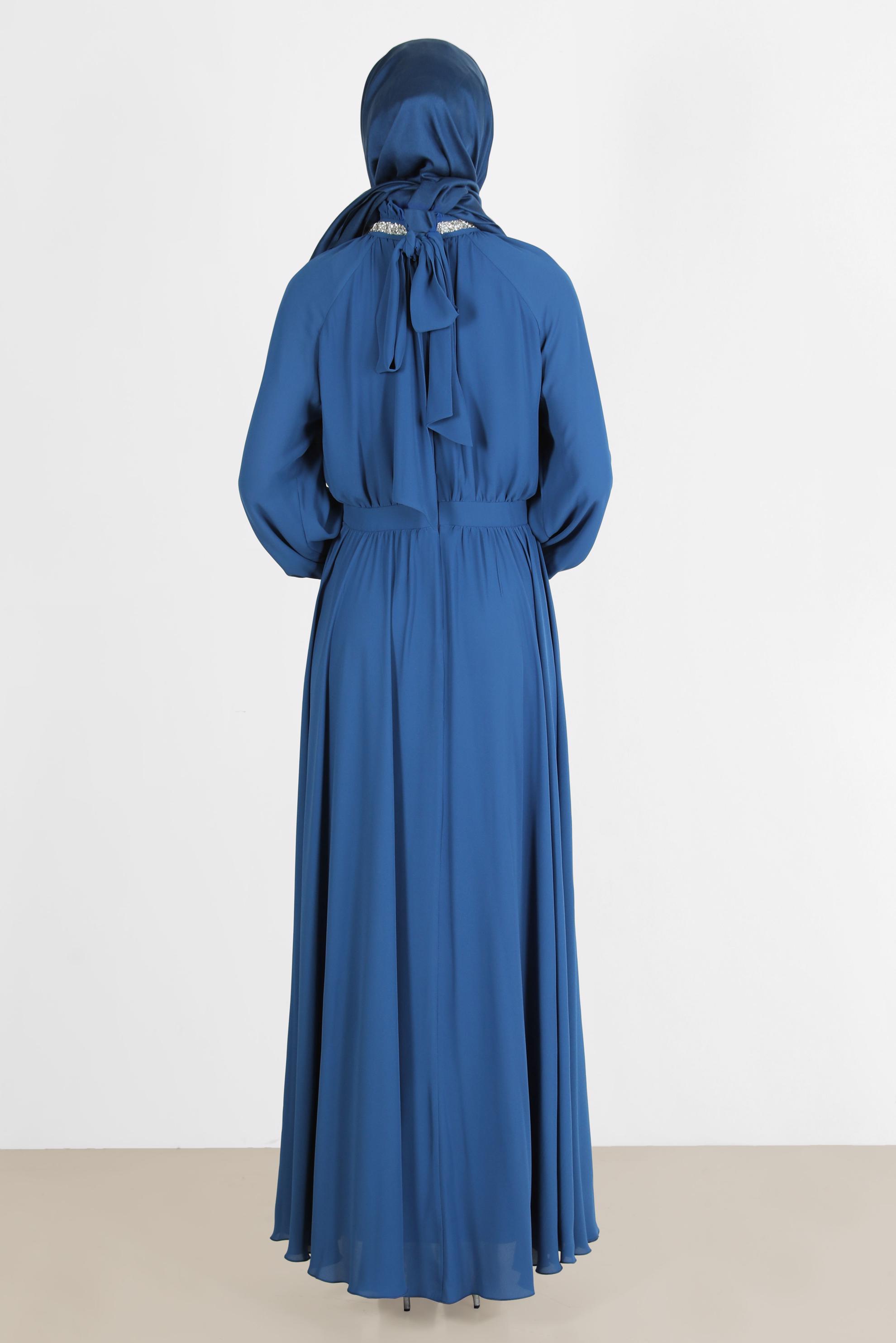 Tesettür giyim LACİVERT TAŞ DETAYLI ELBİSE 42553 