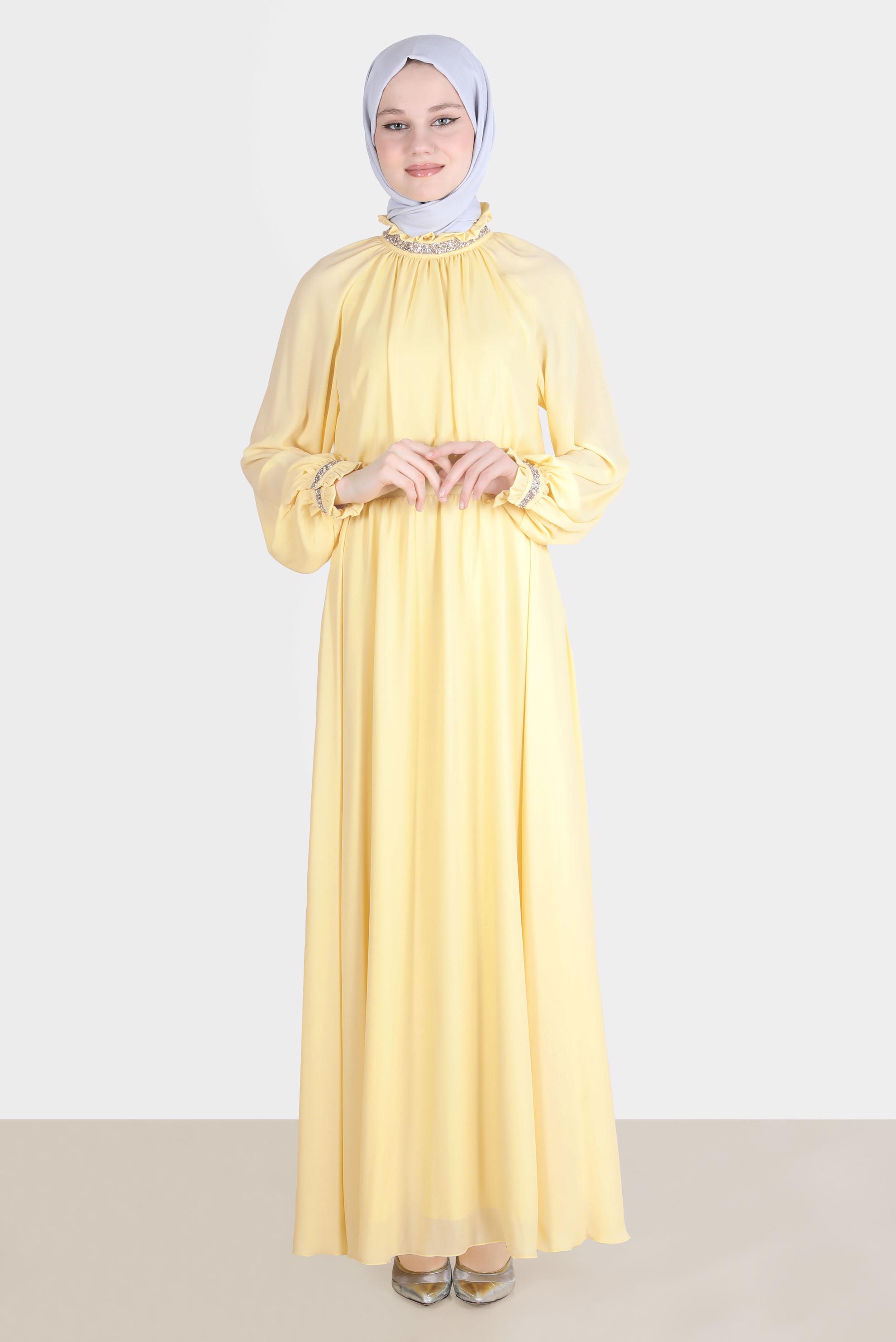Tesettür giyim SARI TAŞ DETAYLI ELBİSE 42553 