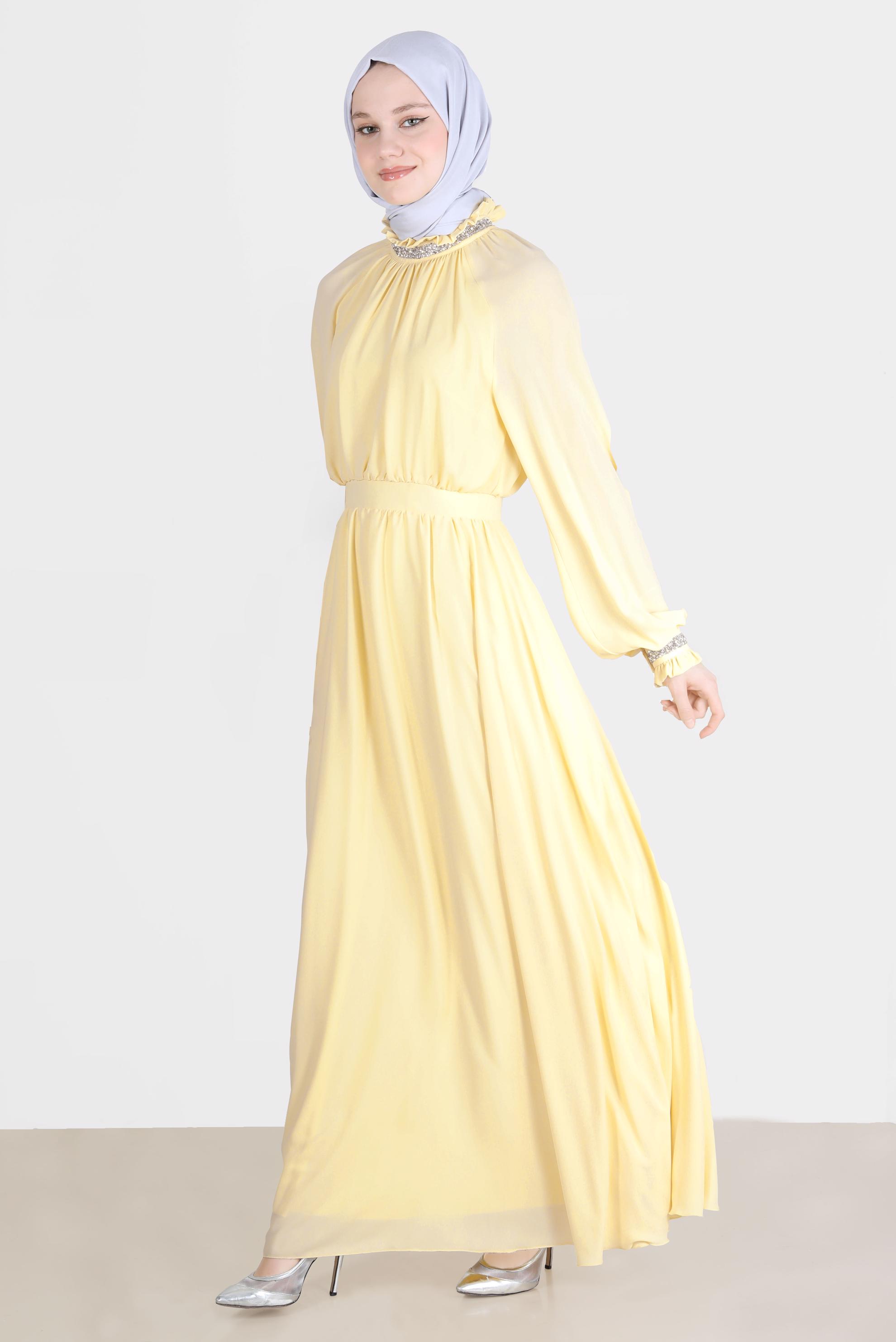 Tesettür giyim SARI TAŞ DETAYLI ELBİSE 42553 