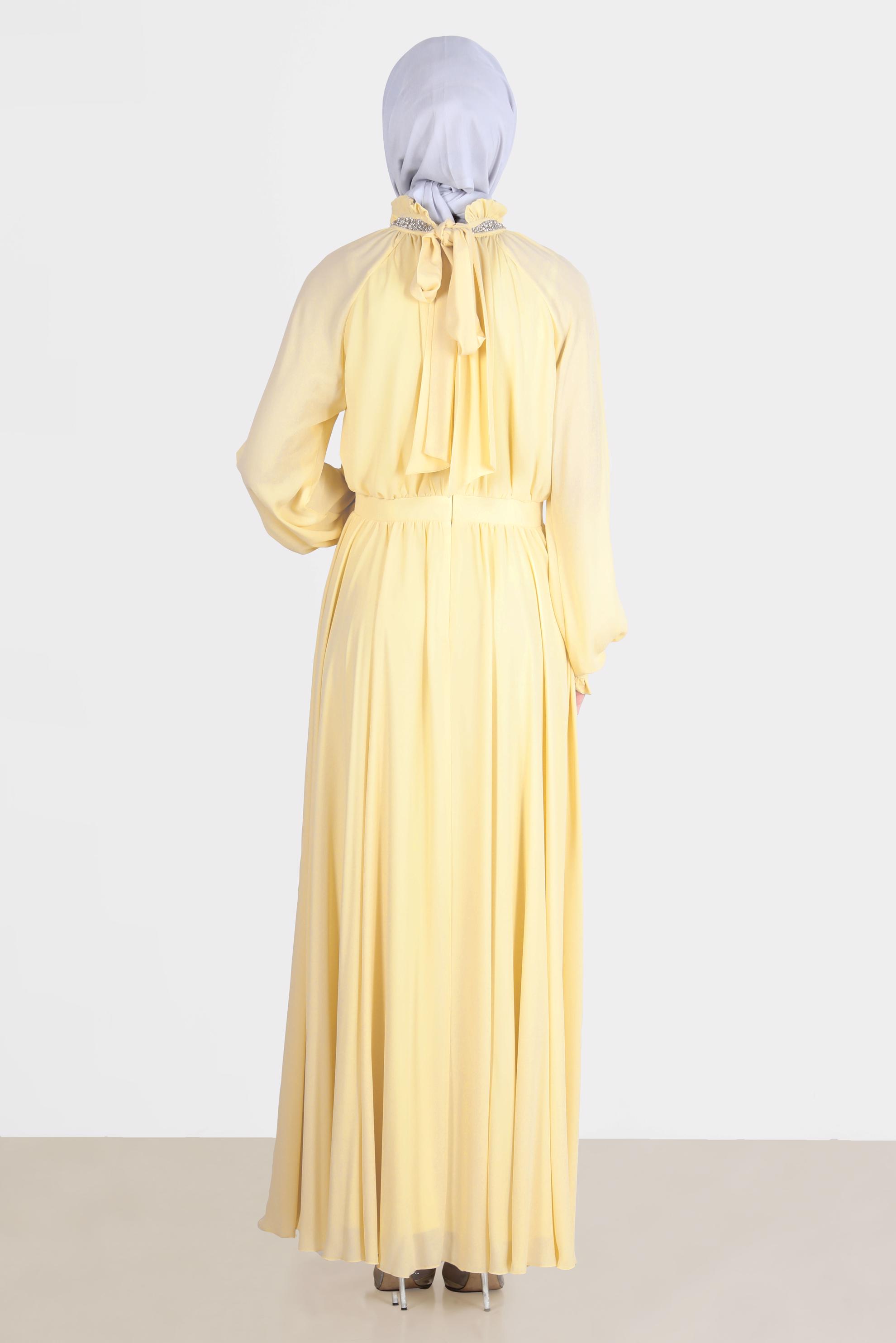 Tesettür giyim SARI TAŞ DETAYLI ELBİSE 42553 