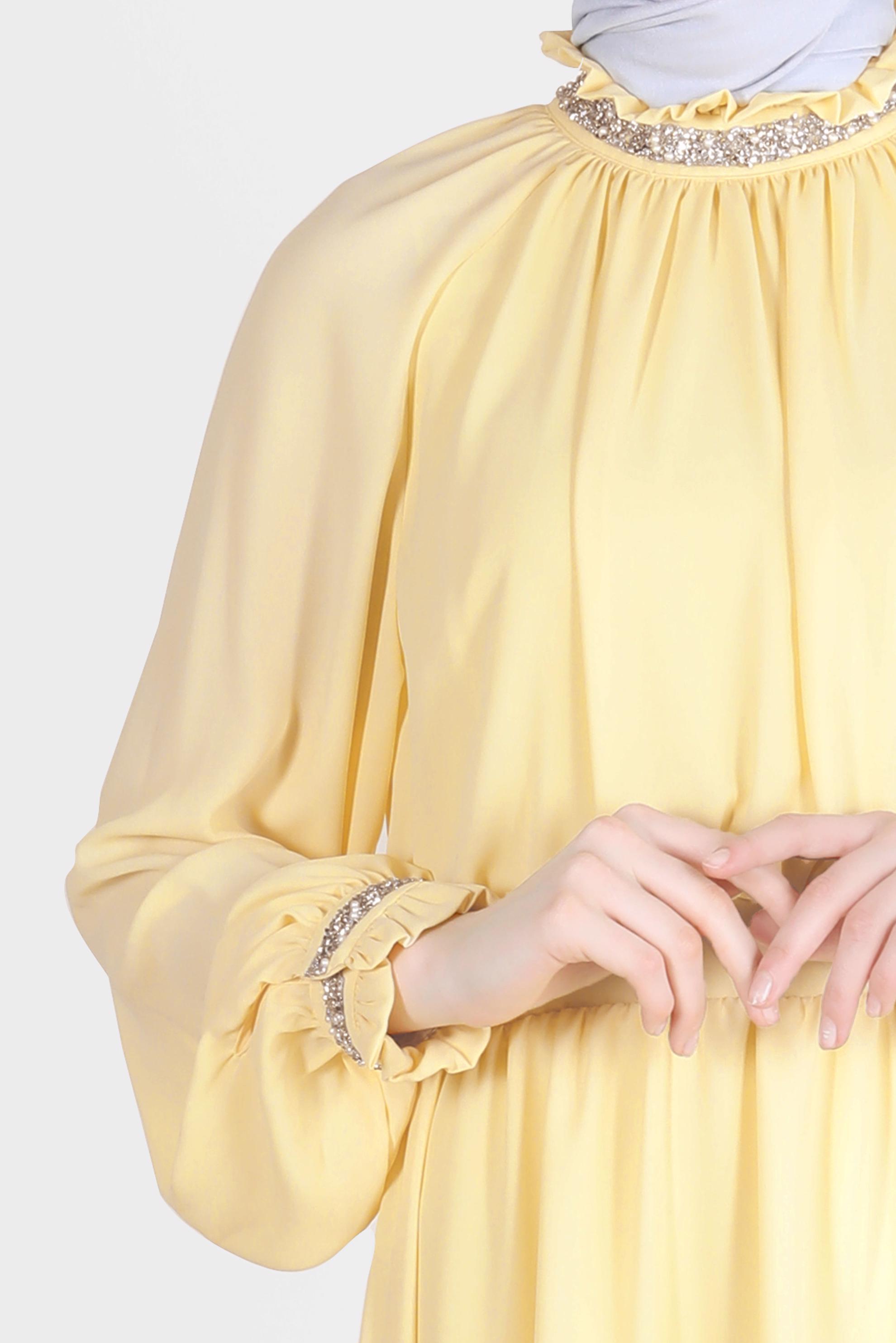 Tesettür giyim SARI TAŞ DETAYLI ELBİSE 42553 