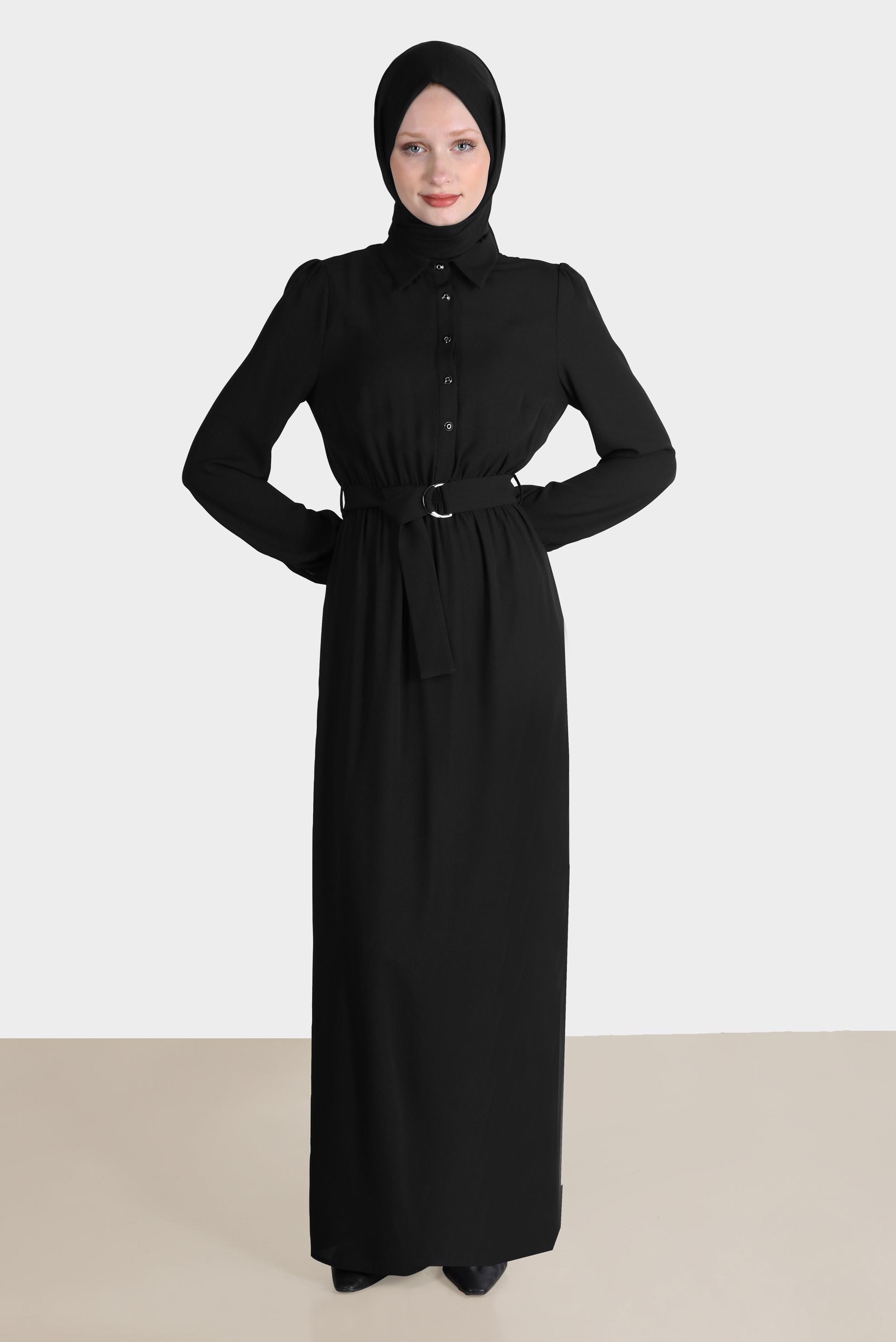 Tesettür giyim SİYAH DÜĞMELİ ELBİSE 42554 