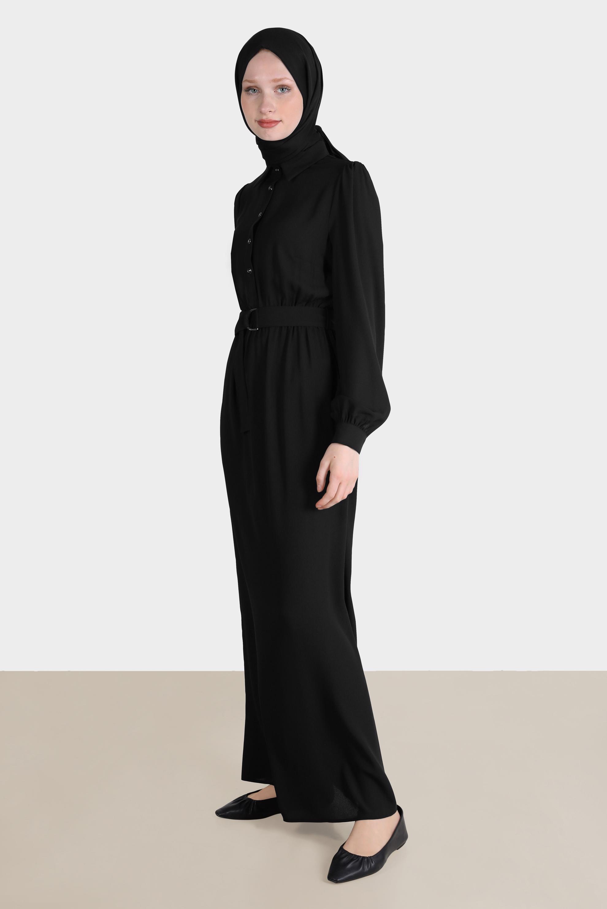 Tesettür giyim SİYAH DÜĞMELİ ELBİSE 42554 