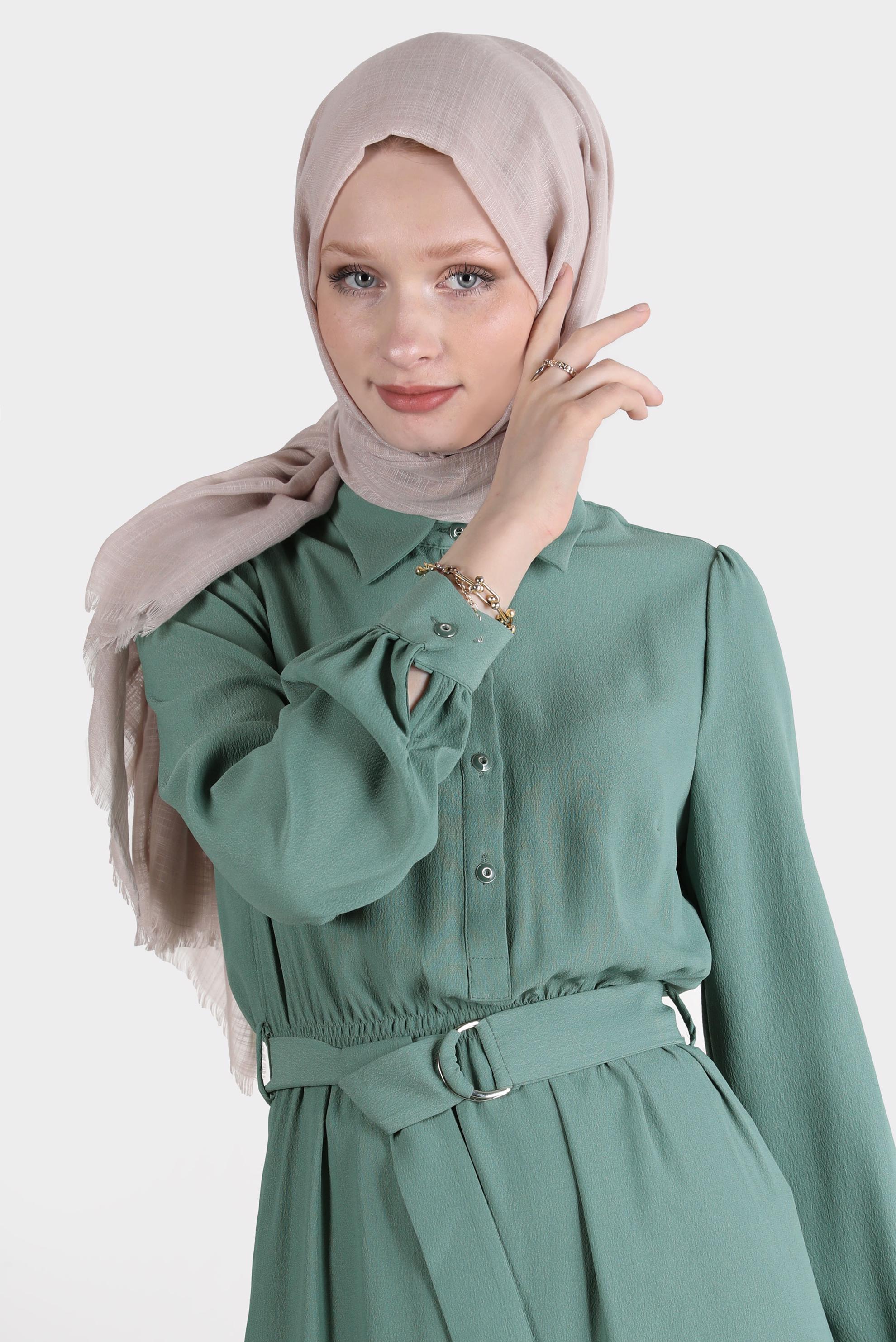 Tesettür giyim YEŞİL DÜĞMELİ ELBİSE 42554 